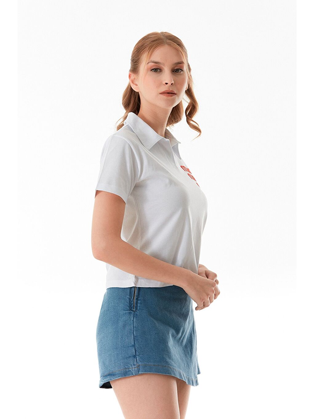 Beyaz Min Min Baskılı Polo Yaka Tişört-4