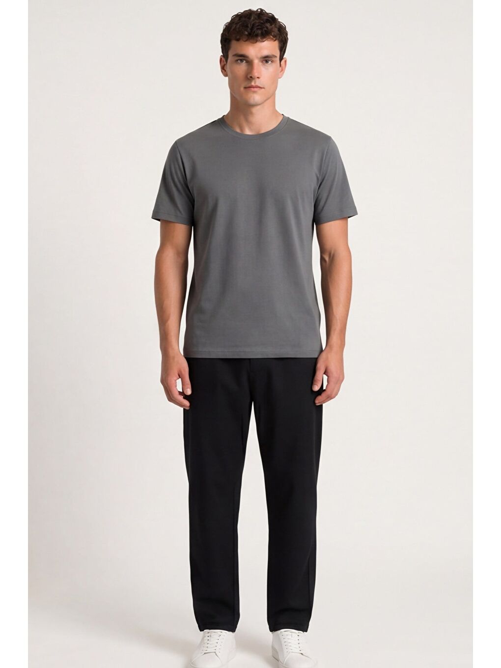 Gri Erkek Füme Normal Kesim %100 Pamuk Kısa Kollu Bisiklet Yaka Basic Tişört-2