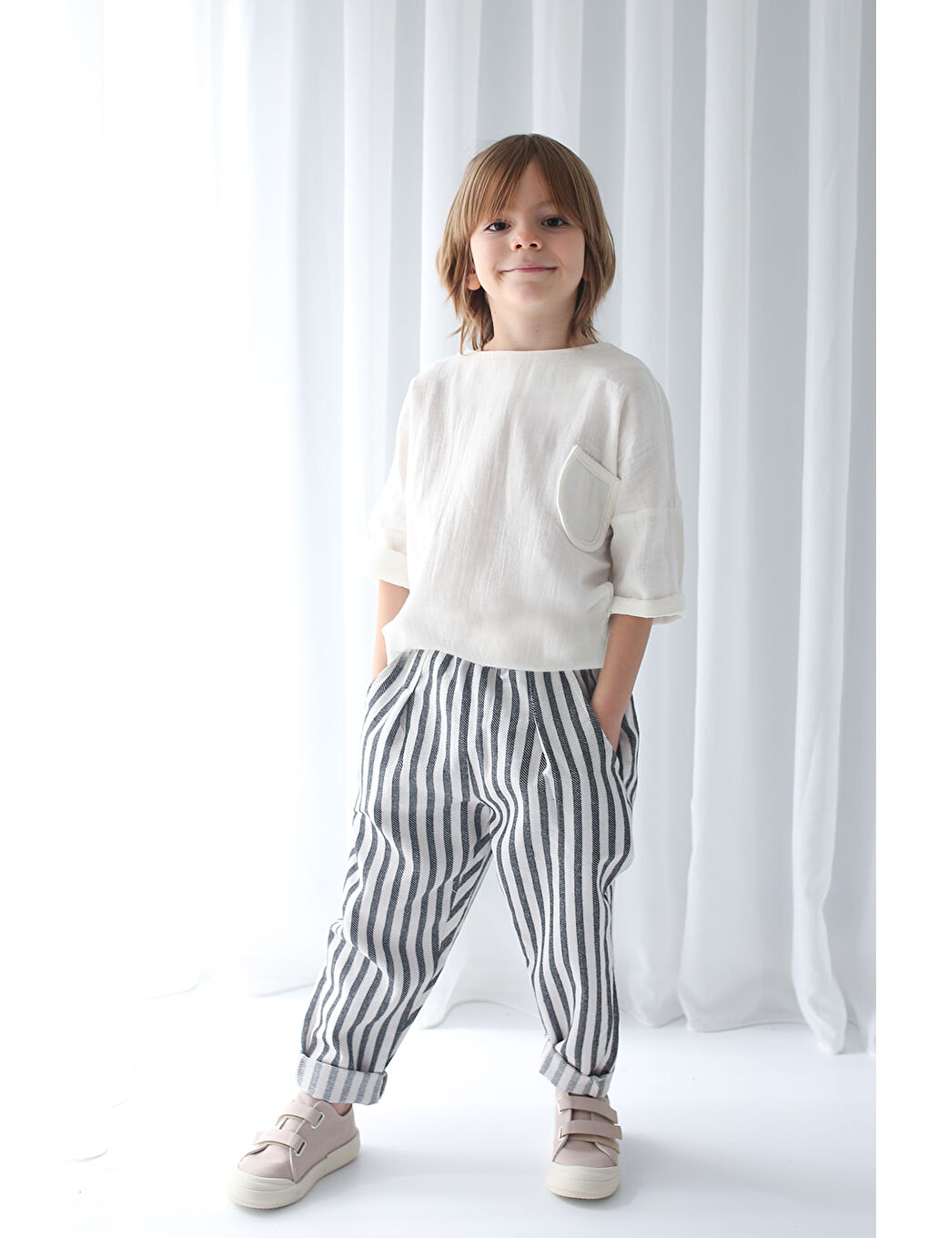 Lila 2'li Müslin Arkadan Düğmeli Gömlek ( Ekru ve Turuncu )-1