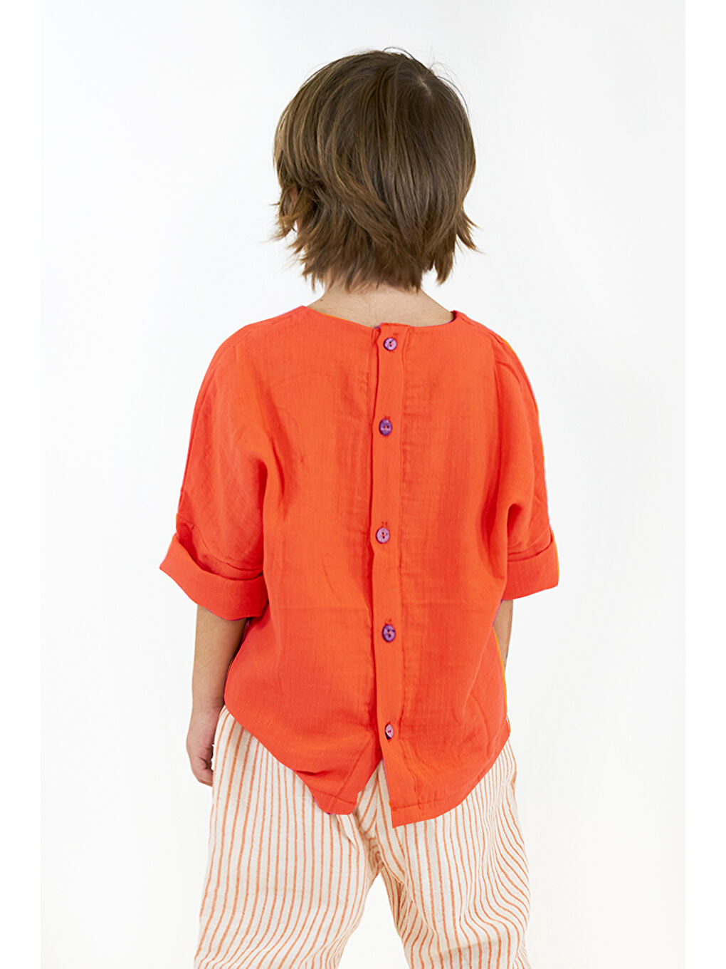 Lila 2'li Müslin Arkadan Düğmeli Gömlek ( Ekru ve Turuncu )-4