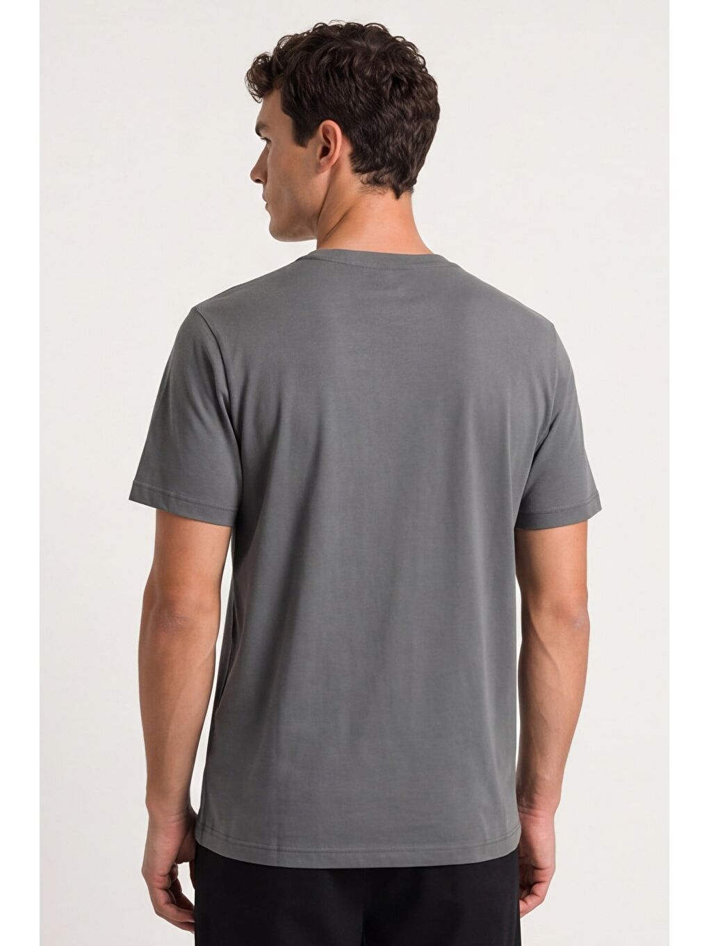Gri Erkek Füme Normal Kesim %100 Pamuk Kısa Kollu Bisiklet Yaka Basic Tişört-4