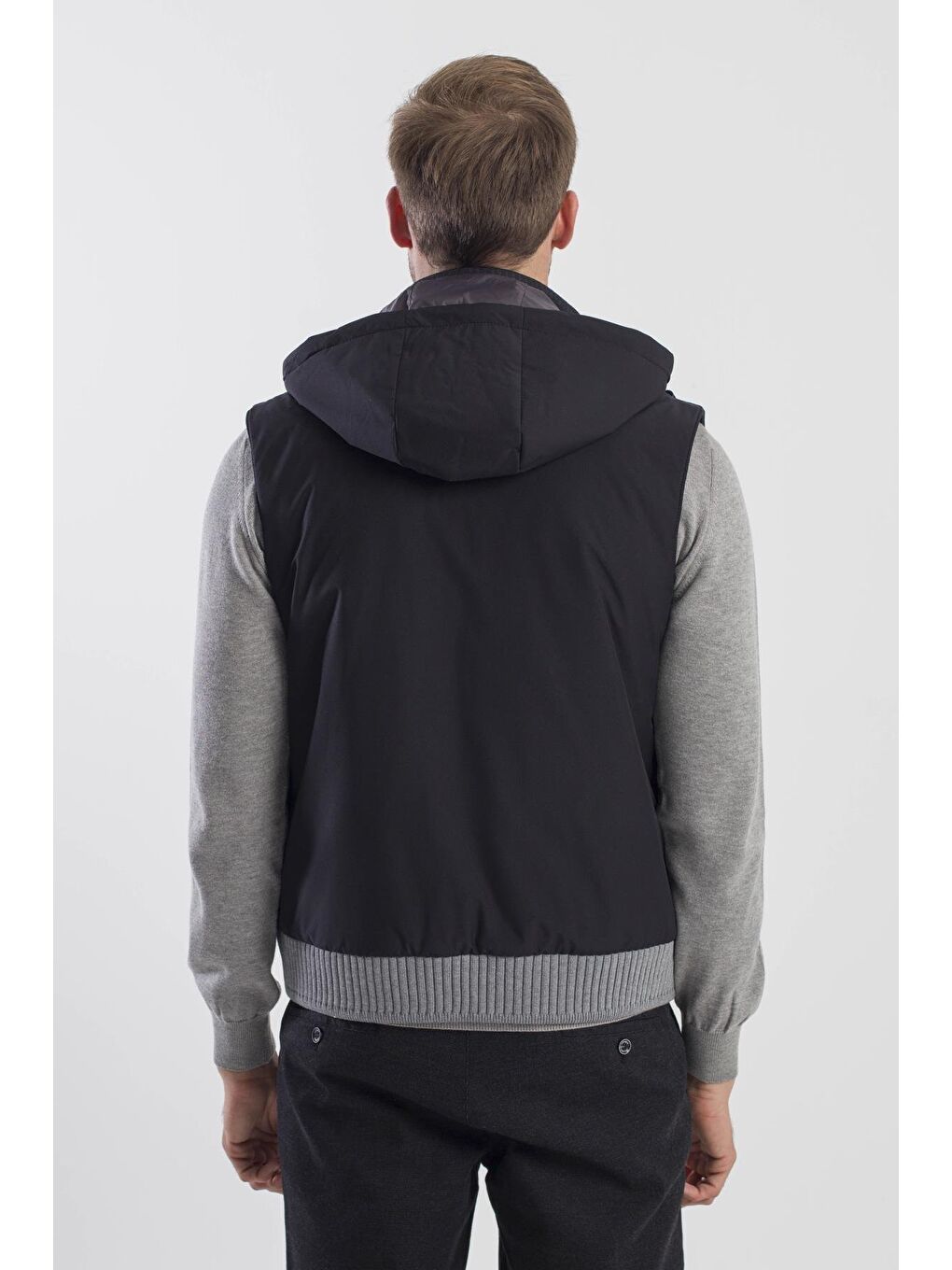 Siyah Comfort Fit Desenli Çıkarılabilir Kapüşonlu Yelek-3