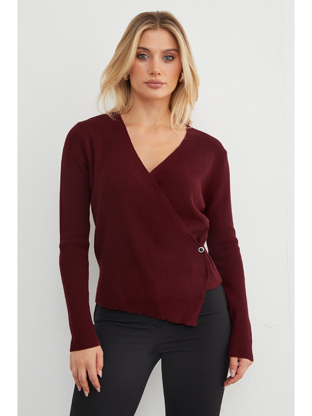 Bordo Kruvaze Yaka Triko Hırka