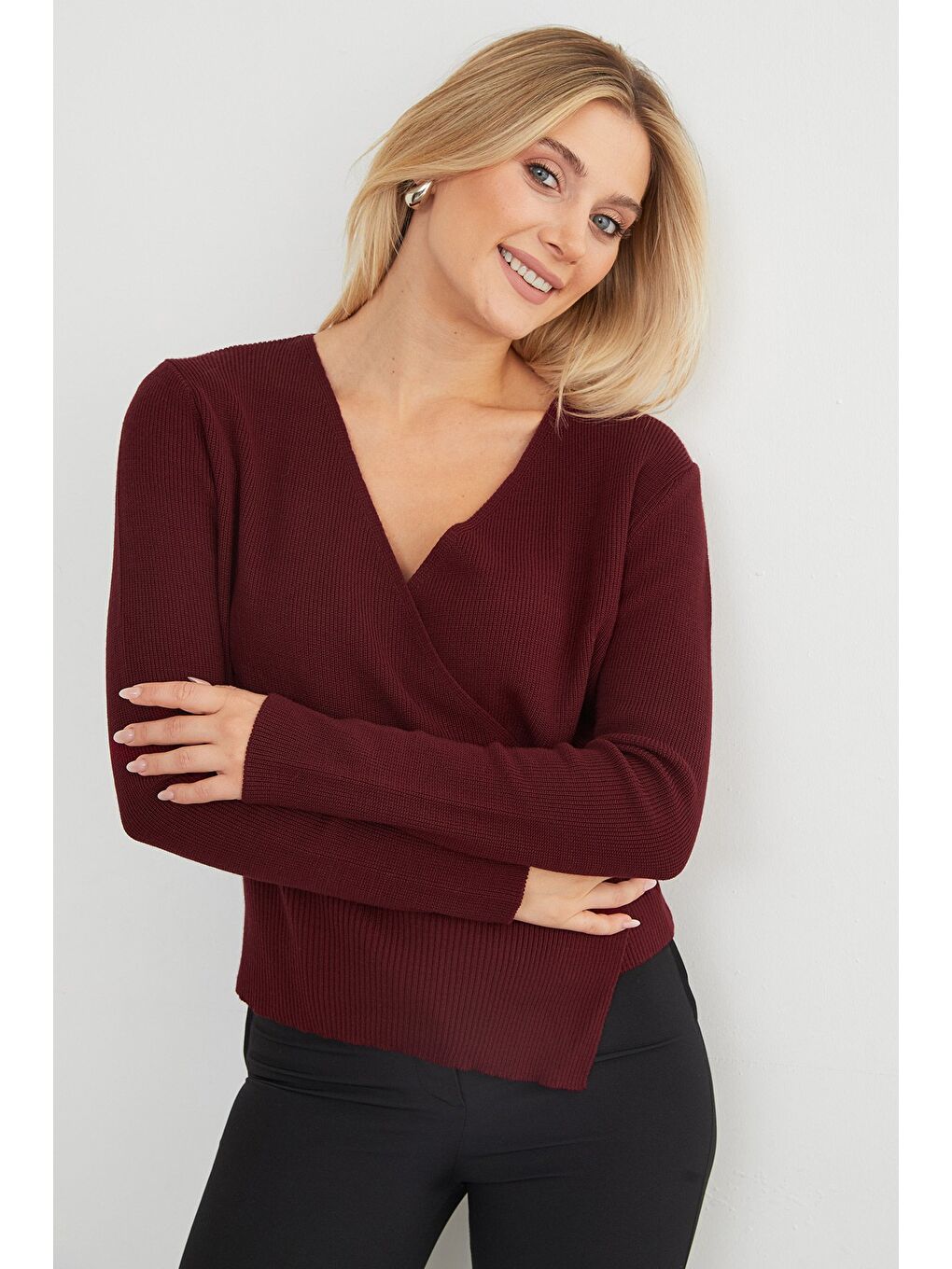 Bordo Kruvaze Yaka Triko Hırka-4
