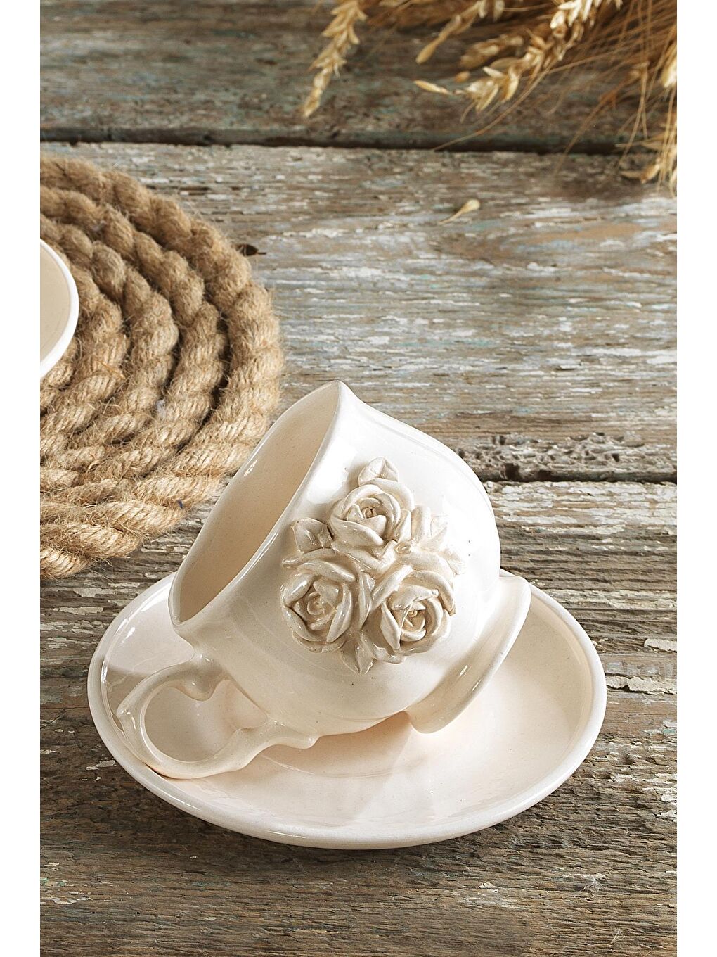 Ekru Twice Kahve Fincan Takımı 2 Kişilik El Yapımı Türk Kahvesi Expresso Fincanı Seti-2