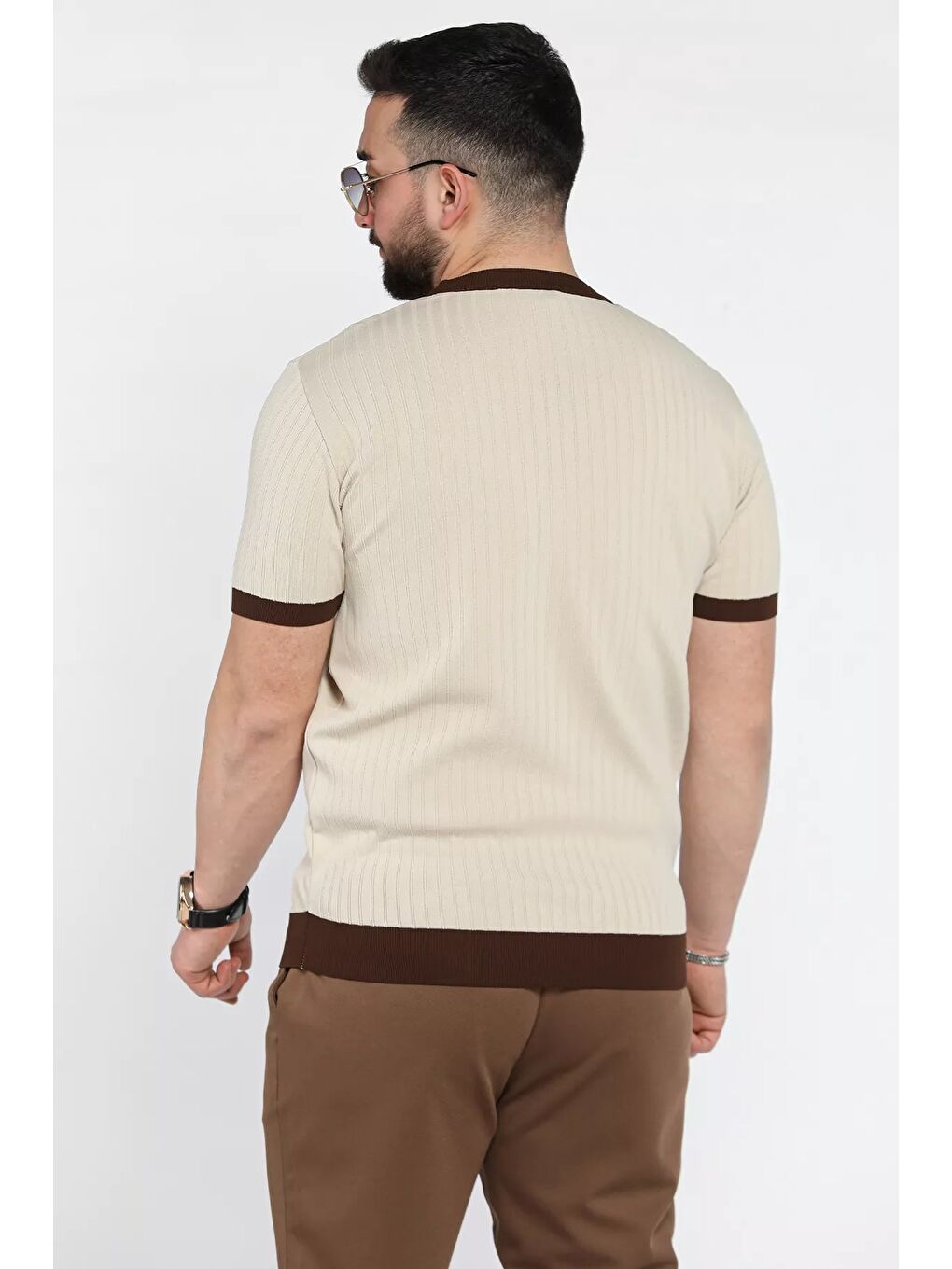 Bej Bisiklet Yaka Erkek Tişört-2