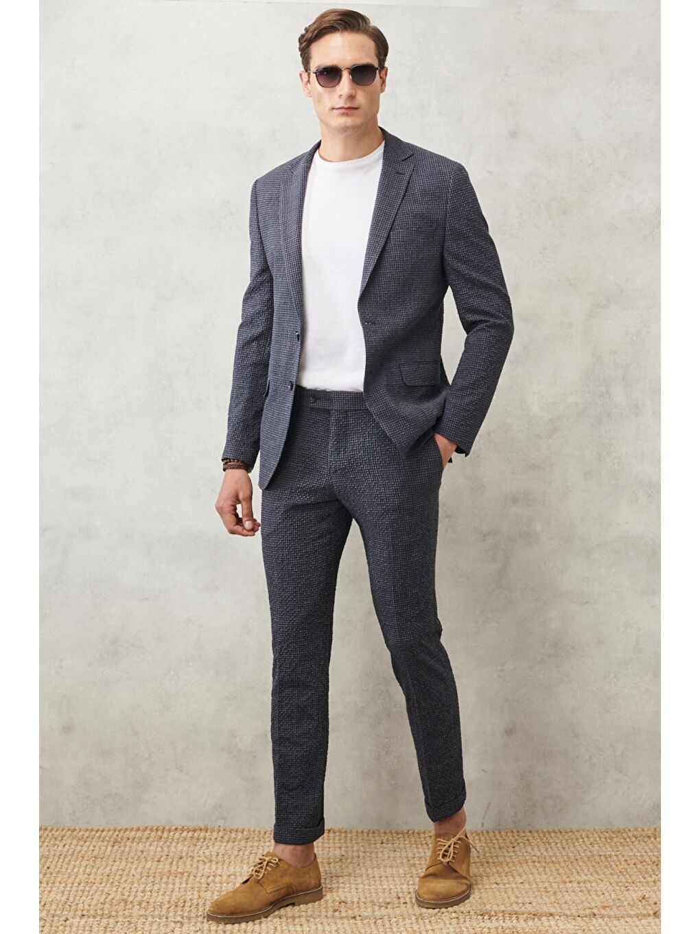 Erkek Antrasit-Lacivert Slim Fit Dar Kesim Mono Yaka Kareli Klasik Takım Elbise-4