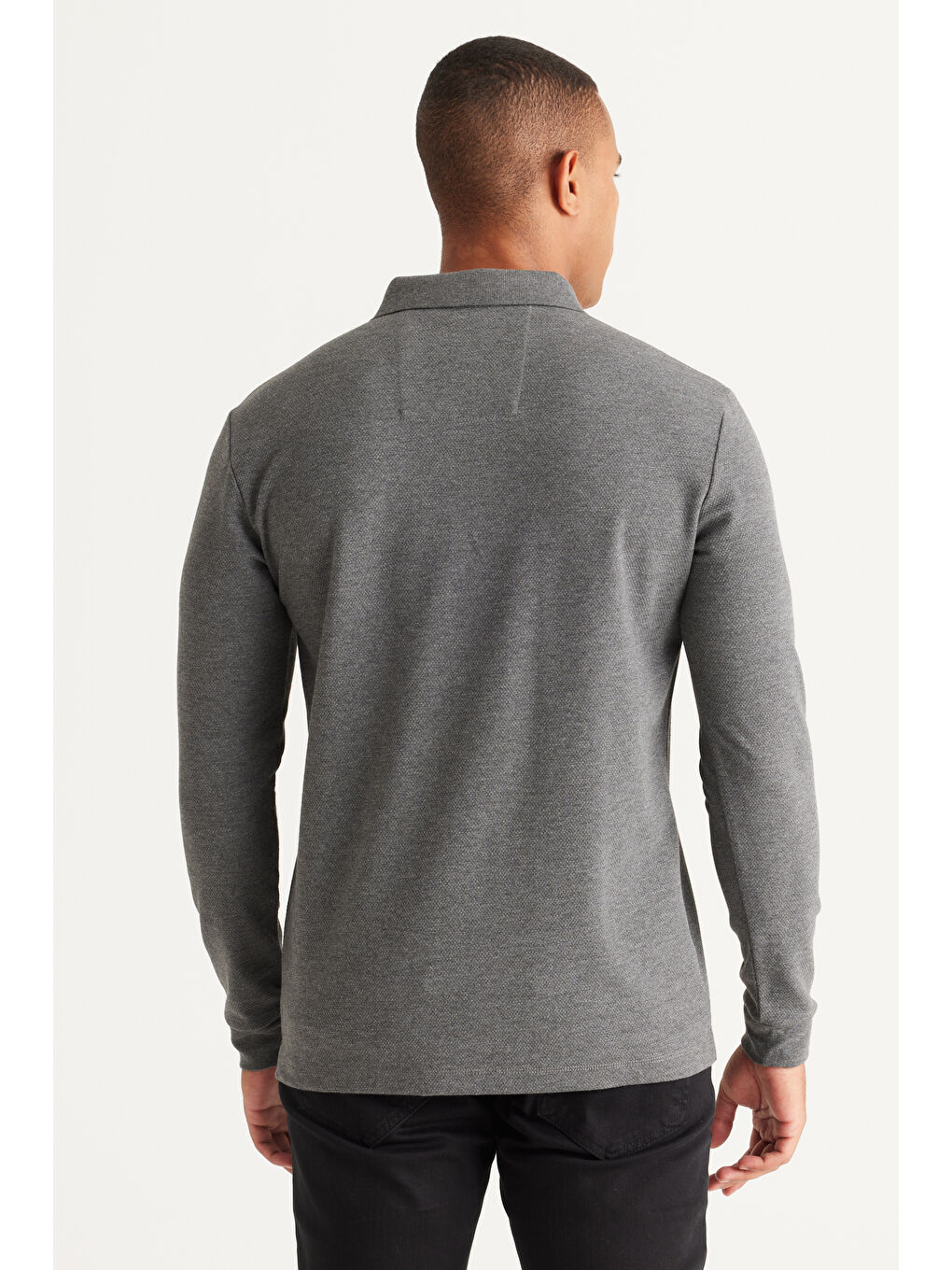 Erkek Antrasit-Melanj Pamuklu Slim Fit Dar Kesim Polo Yaka Uzun Kollu Esnek Tişört-4