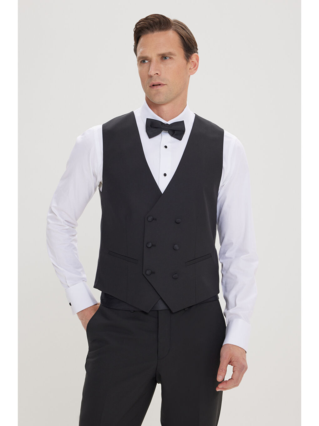 Erkek Siyah Slim Fit Dar Kesim Kırlangıç Yaka Yünlü Yelekli Smokin Takım-4