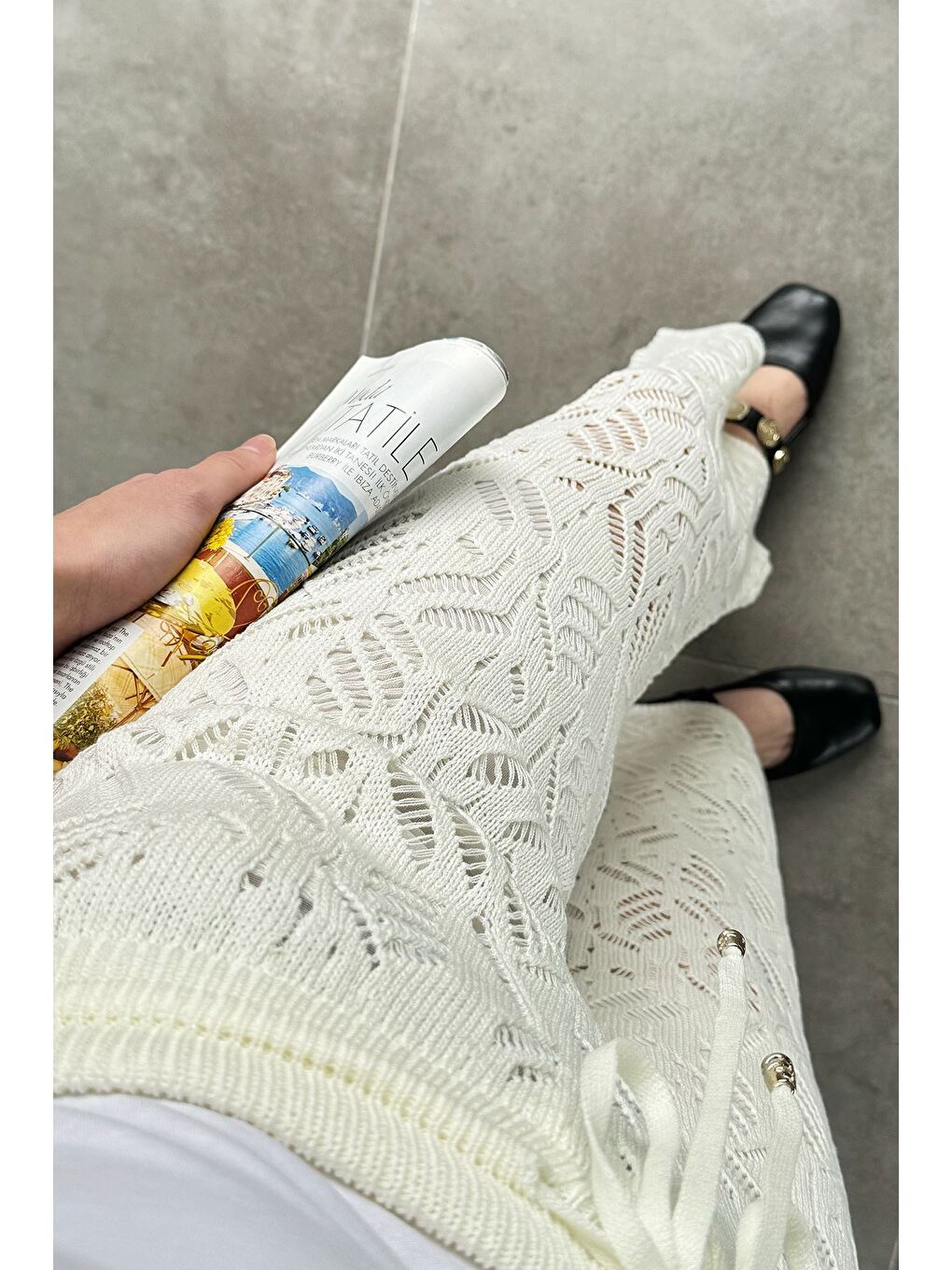 Ekru Kadın Bel Lastikli Ajurlu Triko Pantolon-1