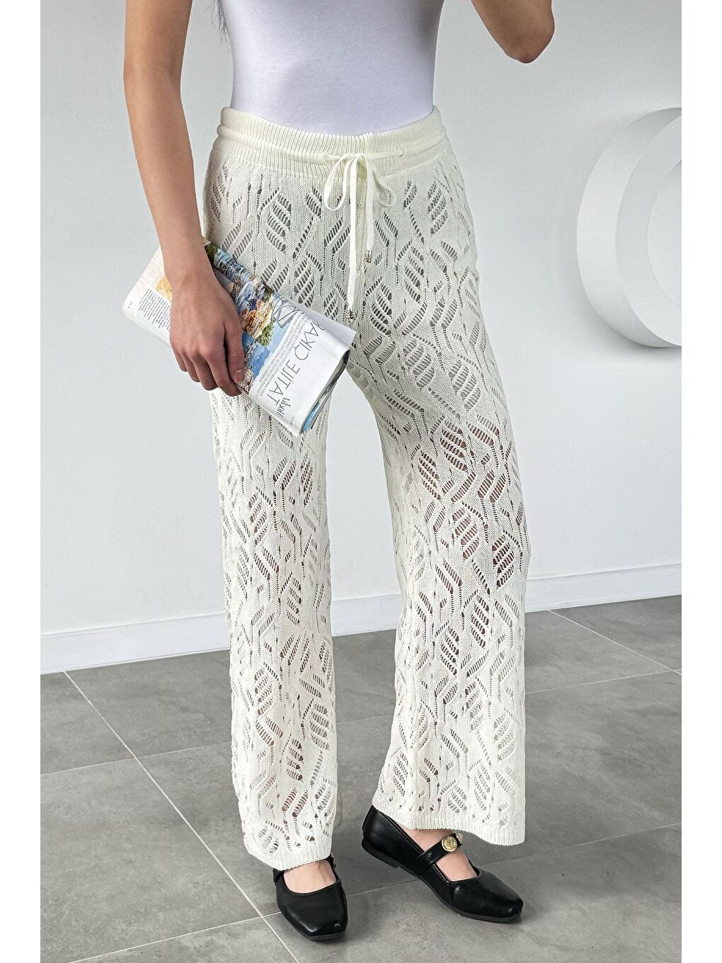 Ekru Kadın Bel Lastikli Ajurlu Triko Pantolon-2