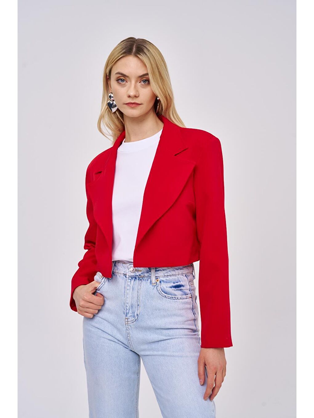 Vatkalı Blazer Crop Kırmızı Kadın Ceket