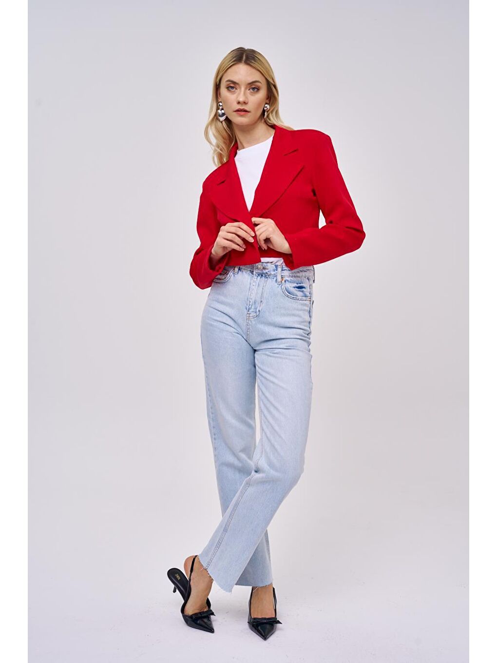 Vatkalı Blazer Crop Kırmızı Kadın Ceket-1