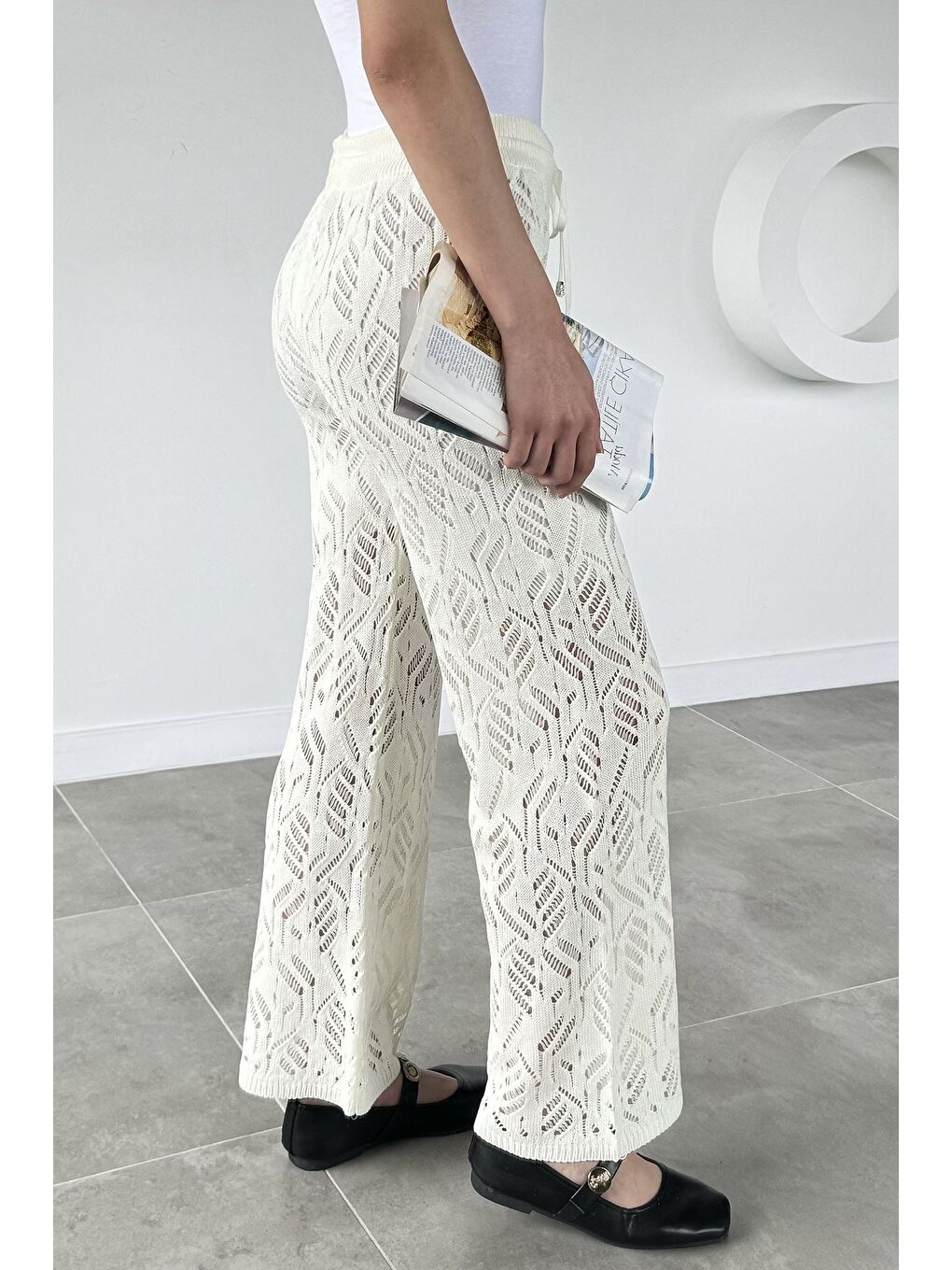 Ekru Kadın Bel Lastikli Ajurlu Triko Pantolon-3