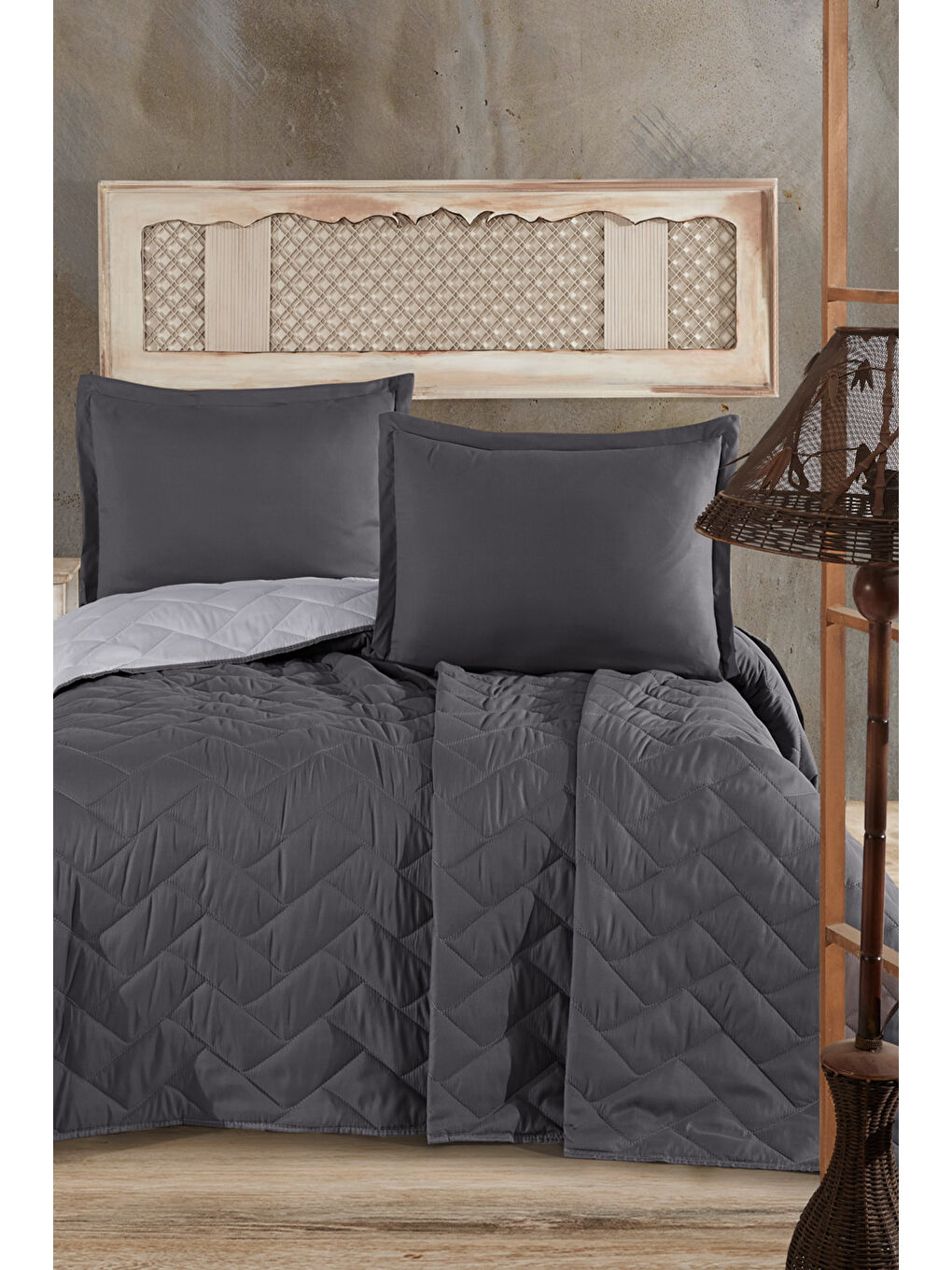 %100 Pamuk Tek Kişilik Yatak Örtüsü Seti Aragon Antrasit