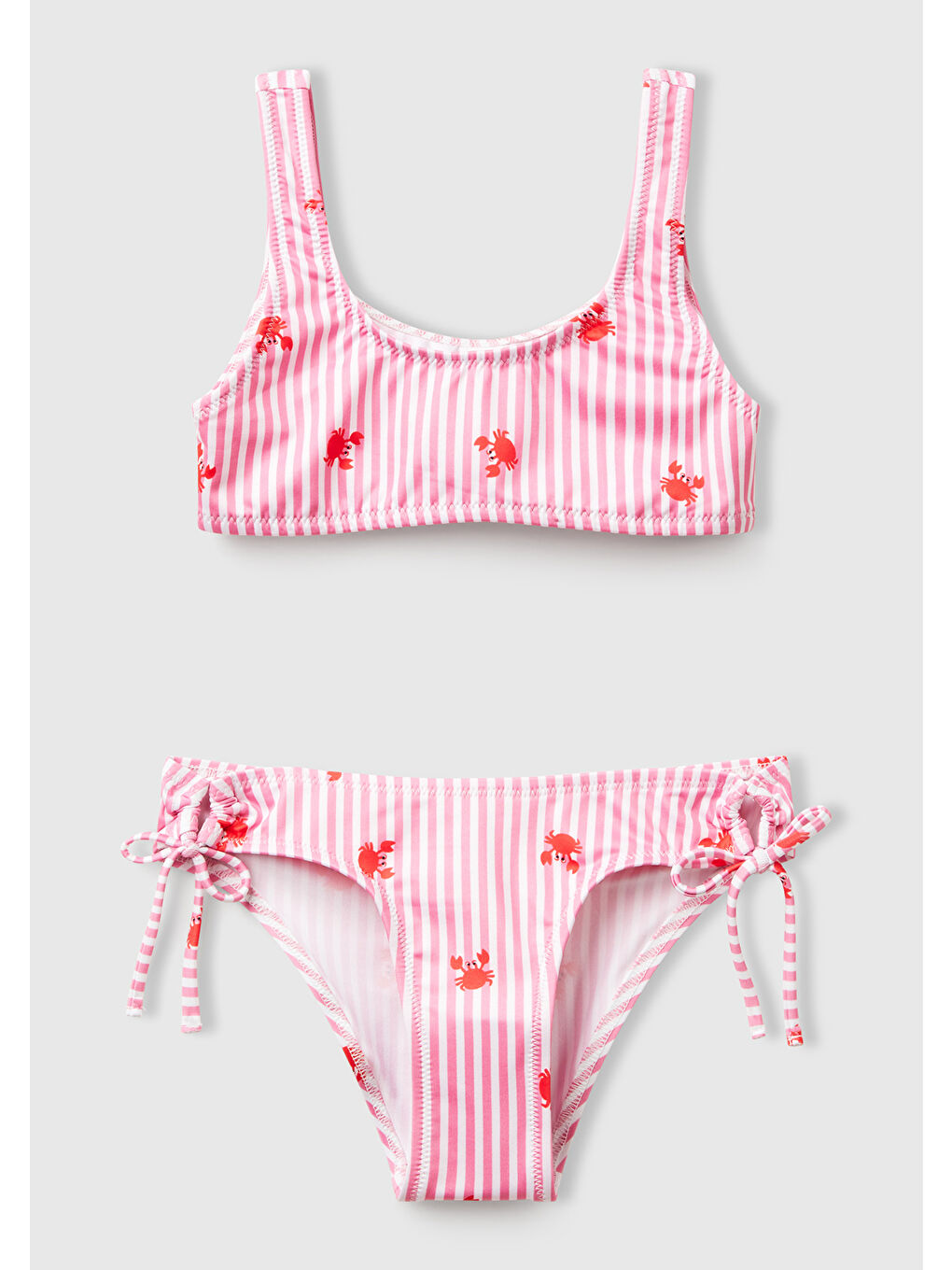 Kız Çocuk Pembe Desenli Yuvarlak Yaka Yandan Büzgü İpli Bikini Takımı