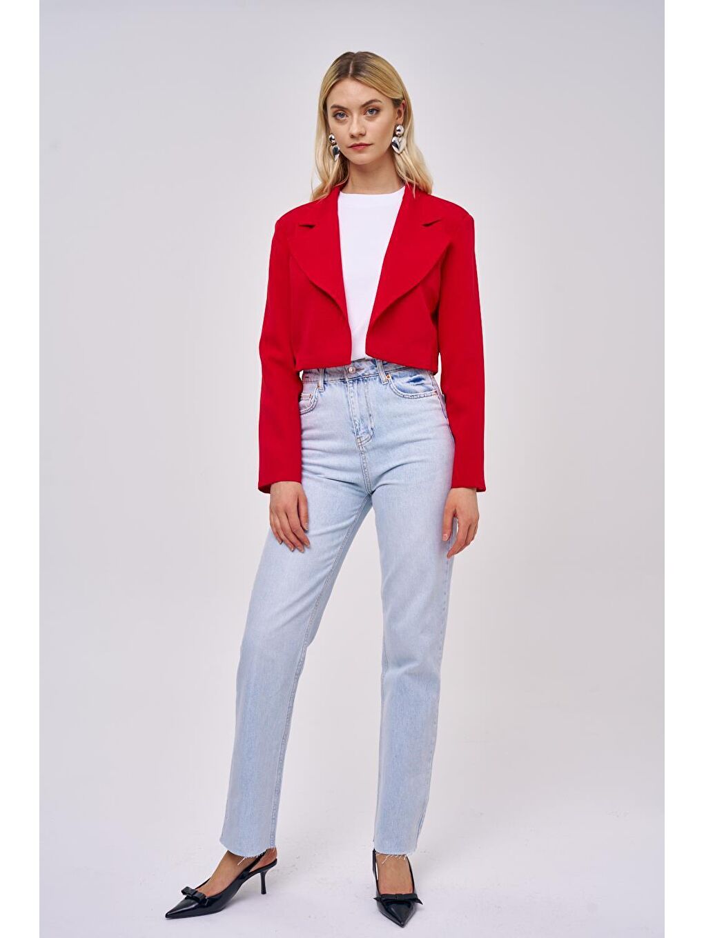 Vatkalı Blazer Crop Kırmızı Kadın Ceket-2