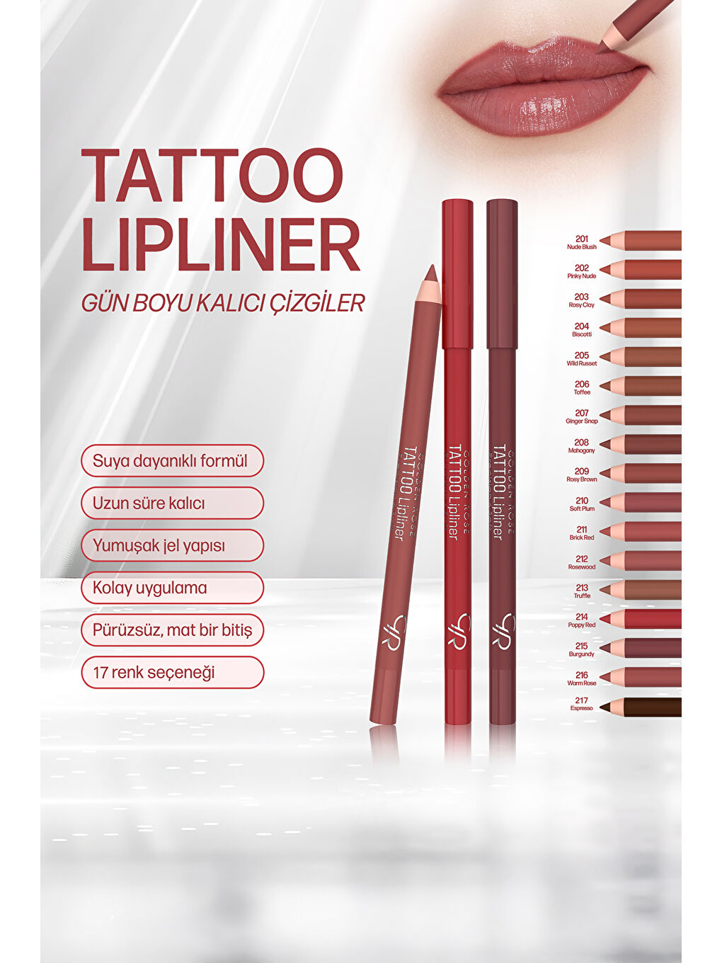Tattoo Lipliner No: 217 Espresso - Suya Dayanıklı Uzun Süre Kalıcı Jel Dudak Kalemi-5