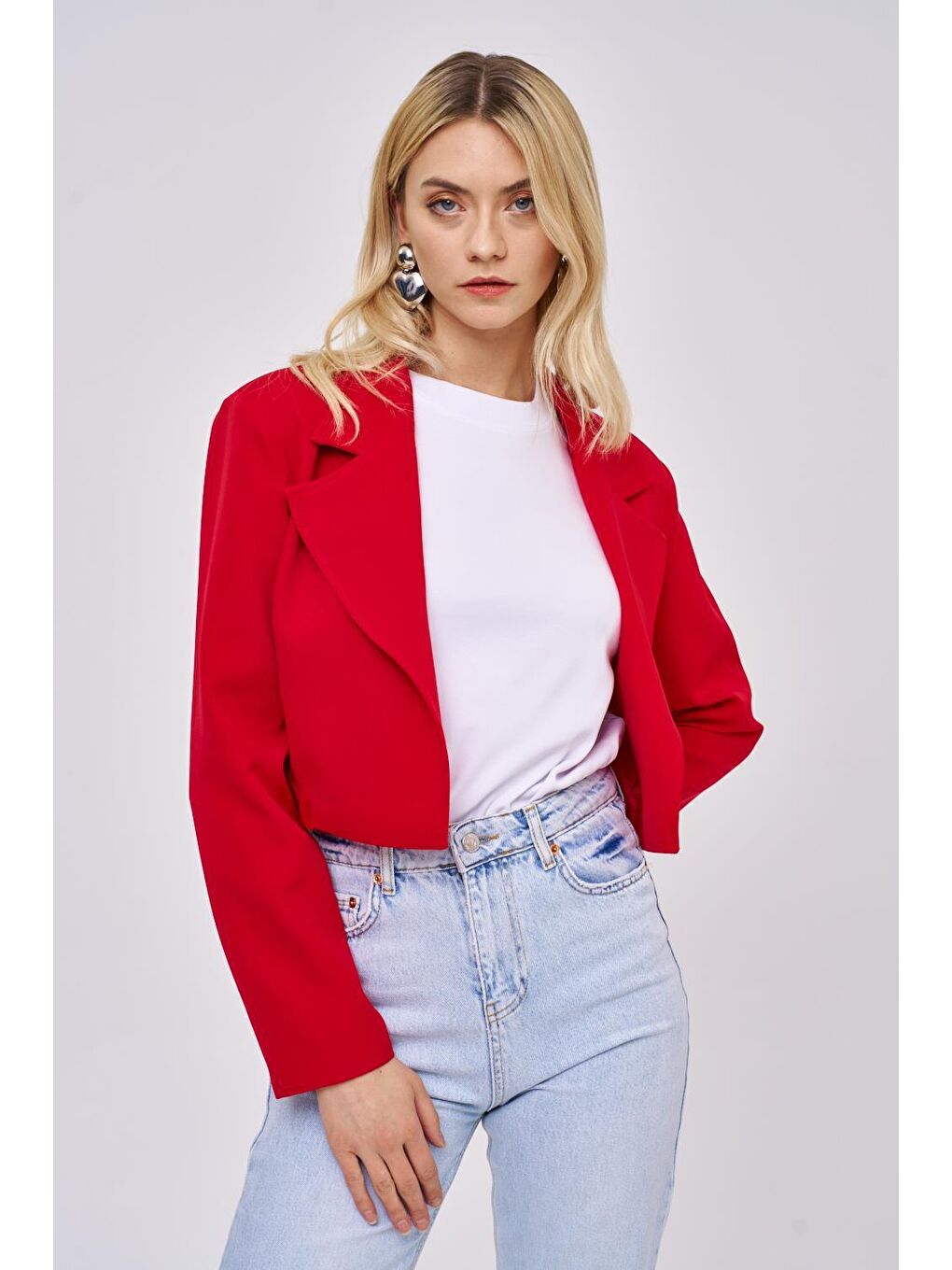 Vatkalı Blazer Crop Kırmızı Kadın Ceket-3