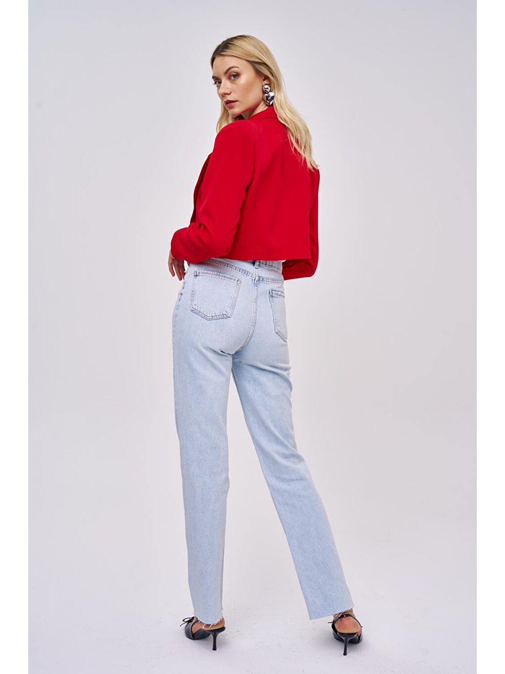 Vatkalı Blazer Crop Kırmızı Kadın Ceket-4