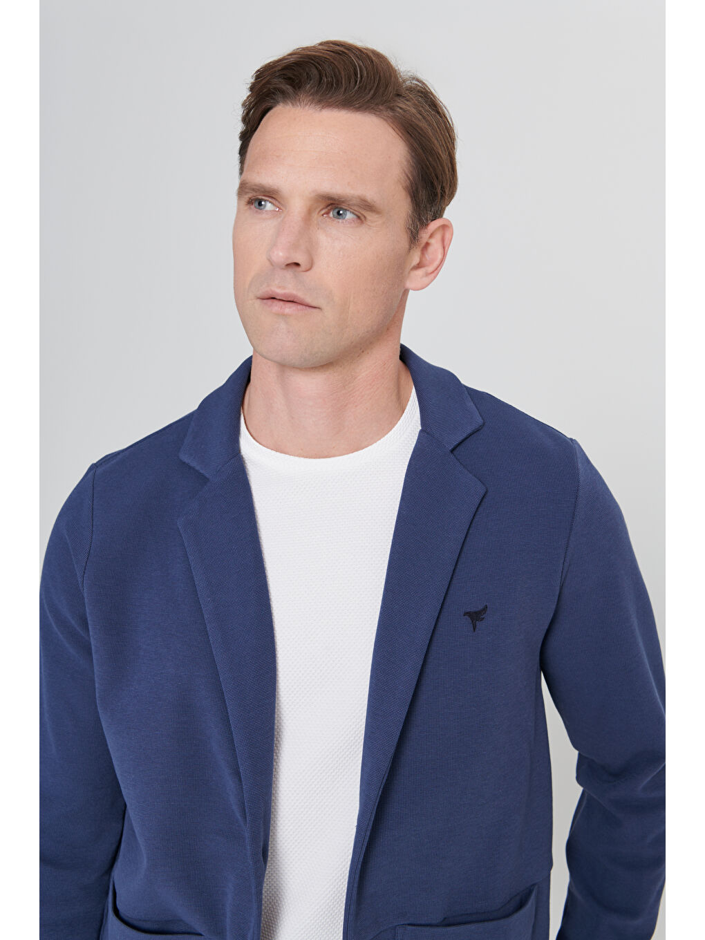 Erkek Lacivert Standart Fit Normal Kesim Gömlek Yaka Pamuklu Örme Ceket-5