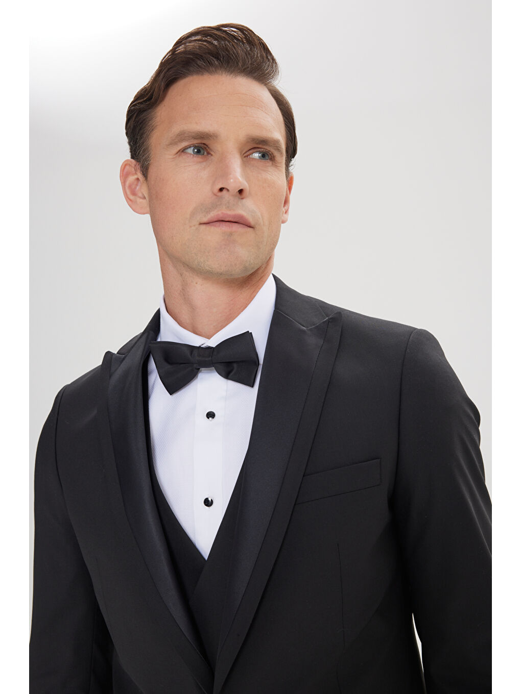 Erkek Siyah Slim Fit Dar Kesim Kırlangıç Yaka Yünlü Yelekli Smokin Takım-5