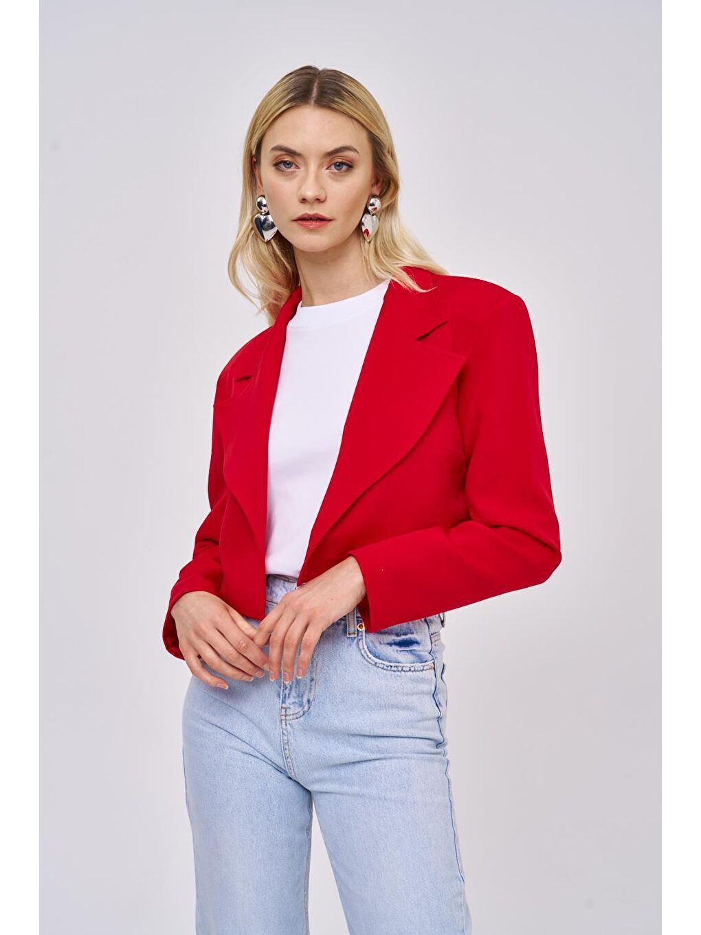 Vatkalı Blazer Crop Kırmızı Kadın Ceket-5
