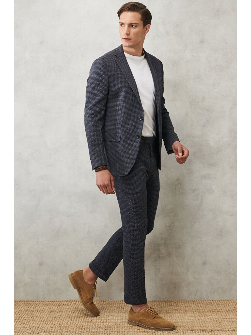 Erkek Antrasit-Lacivert Slim Fit Dar Kesim Mono Yaka Kareli Klasik Takım Elbise-5