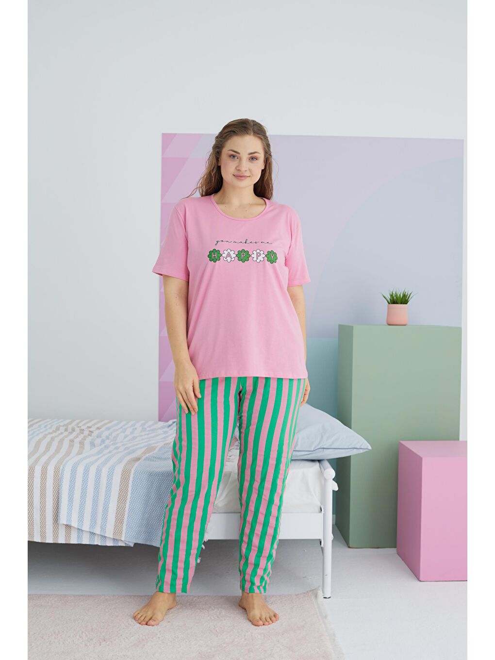 SİYAH İNCİ Pembe  Curve Büyük Beden Battal Boy Pamuklu Örme Pijama Takımı