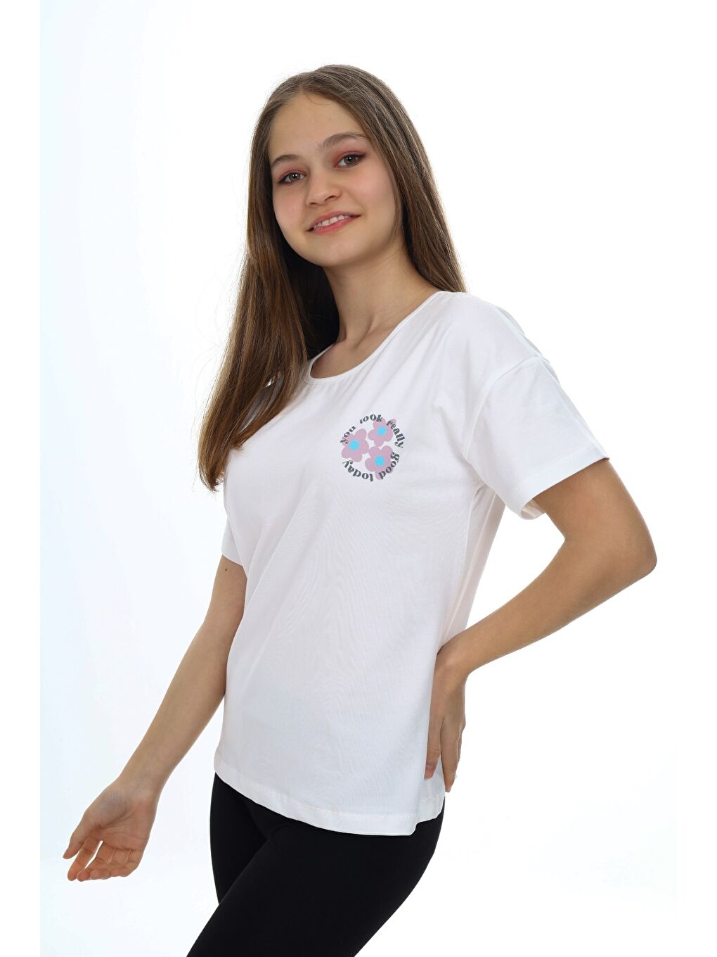 Ekru Kız Çocuk Baskılı Tişört-1