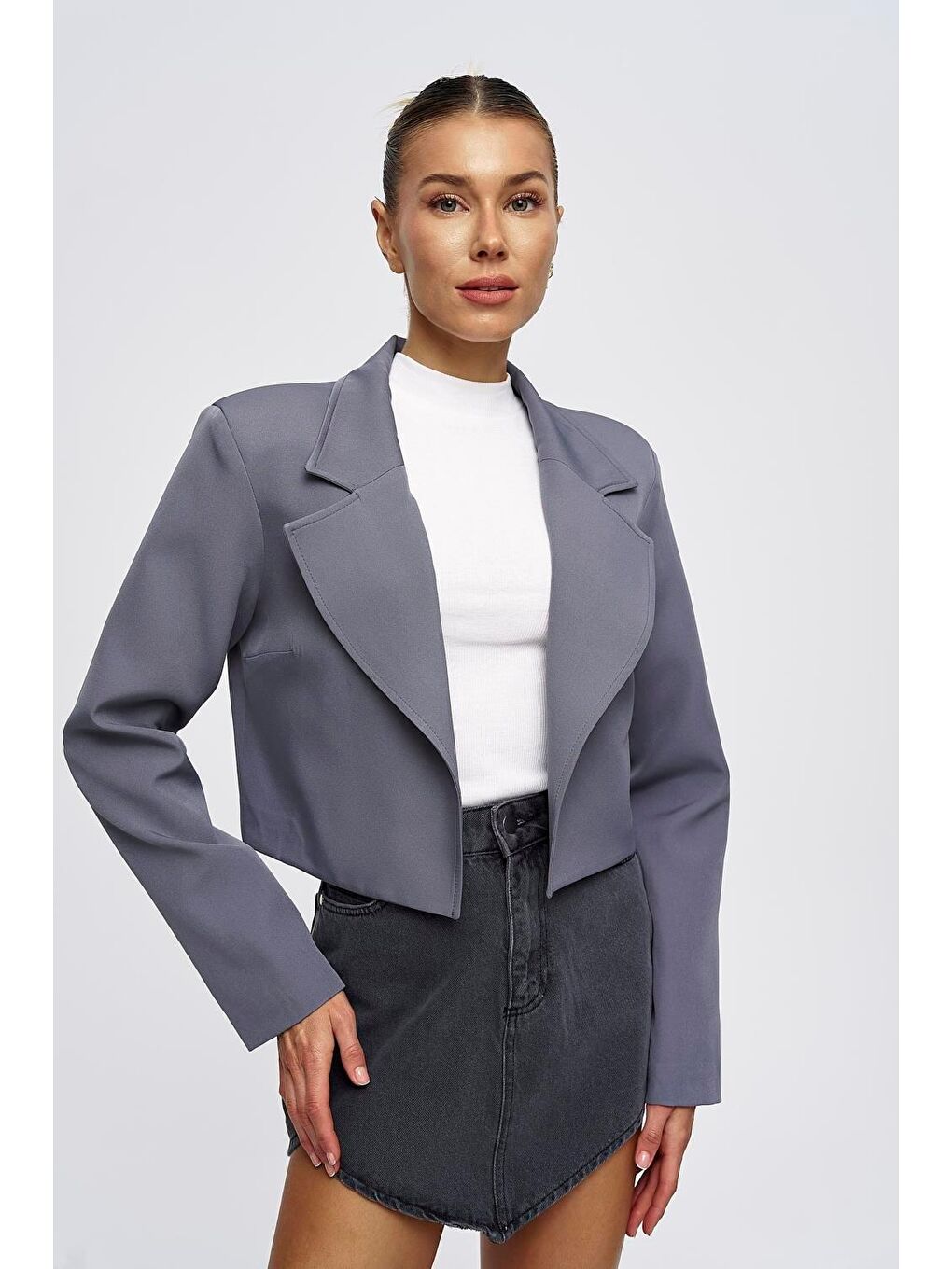Vatkalı Blazer Crop Gri Kadın Ceket