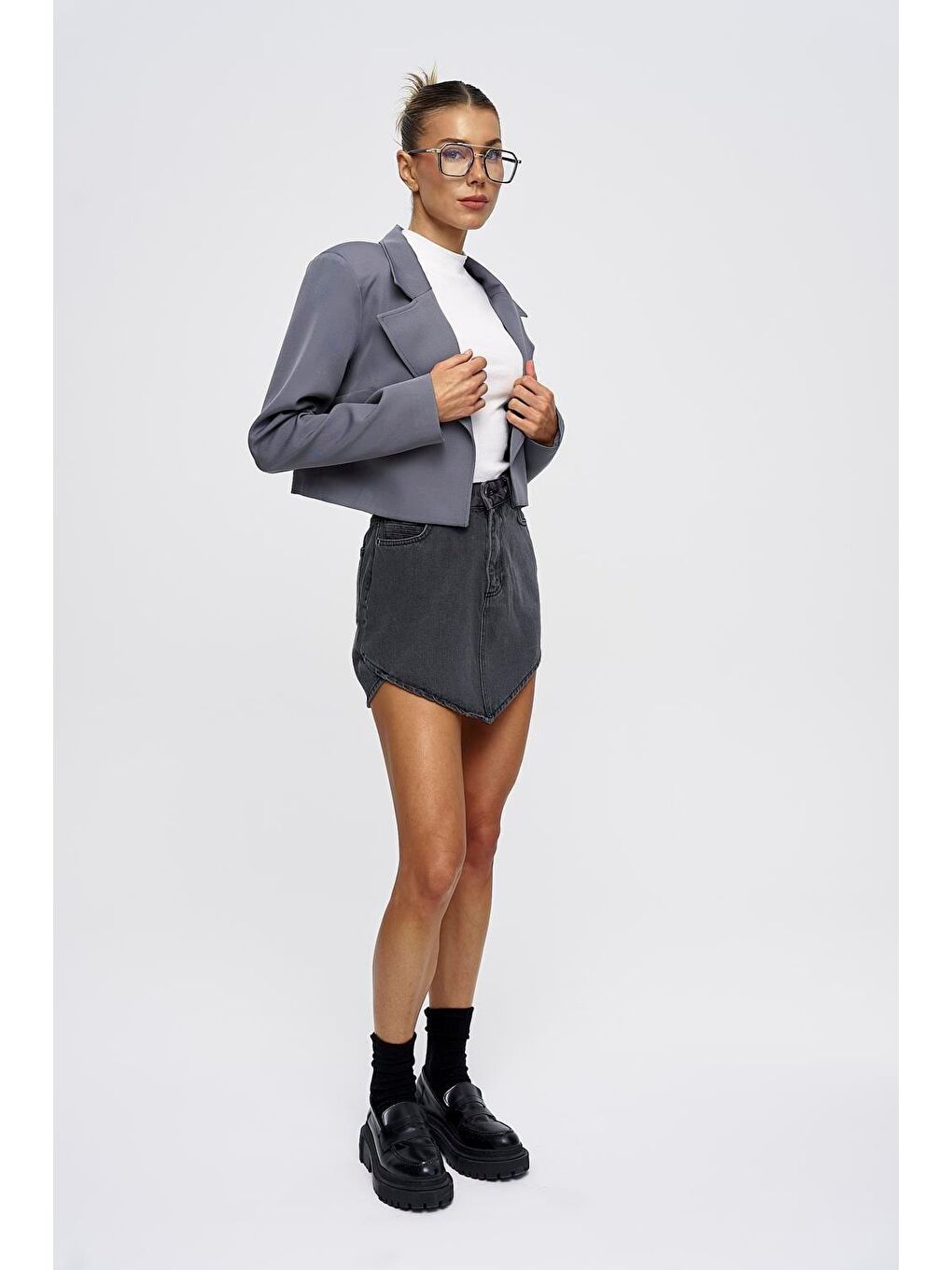 Vatkalı Blazer Crop Gri Kadın Ceket-1