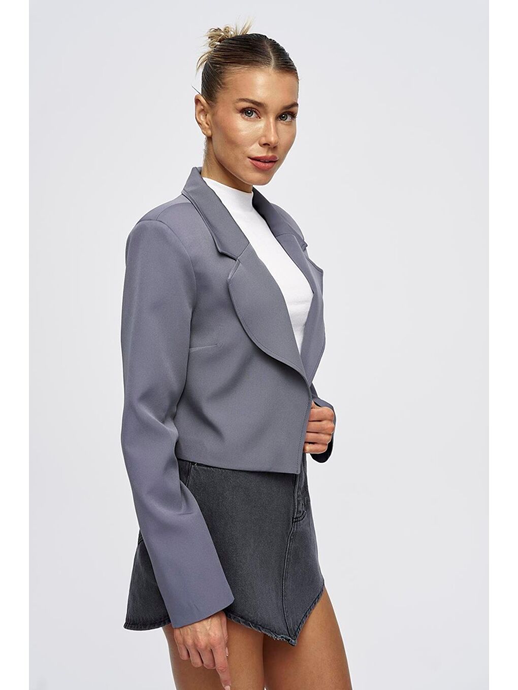 Vatkalı Blazer Crop Gri Kadın Ceket-2