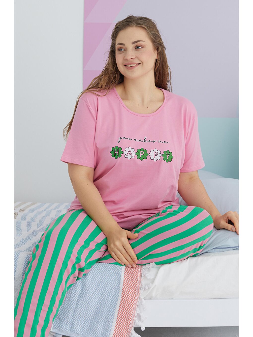 SİYAH İNCİ Pembe  Curve Büyük Beden Battal Boy Pamuklu Örme Pijama Takımı - 1