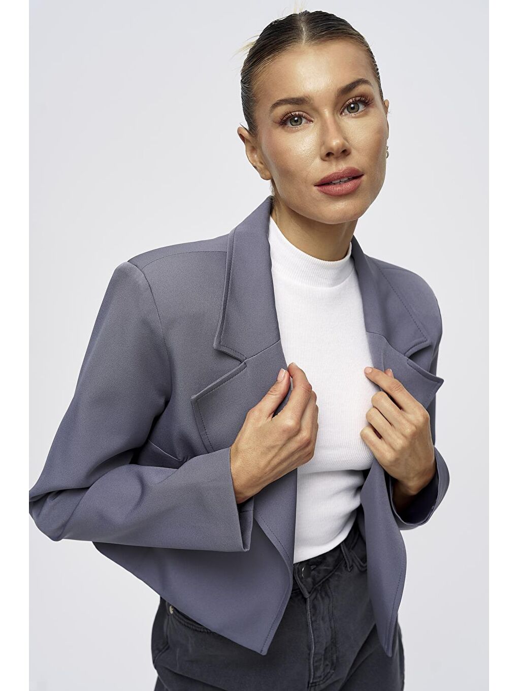 Vatkalı Blazer Crop Gri Kadın Ceket-3