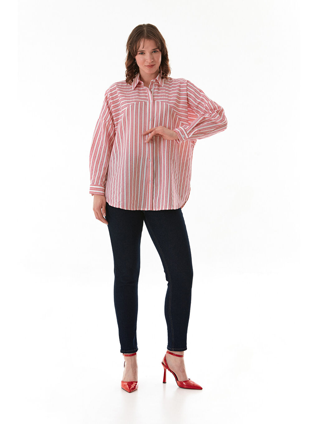 Kırmızı Çizgili Oversize Gömlek-1
