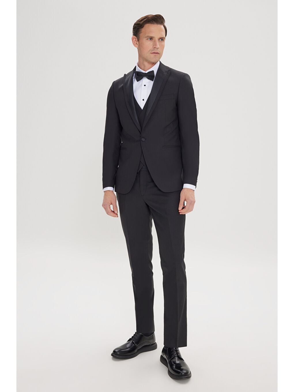 Erkek Siyah Slim Fit Dar Kesim Kırlangıç Yaka Yünlü Yelekli Smokin Takım-6