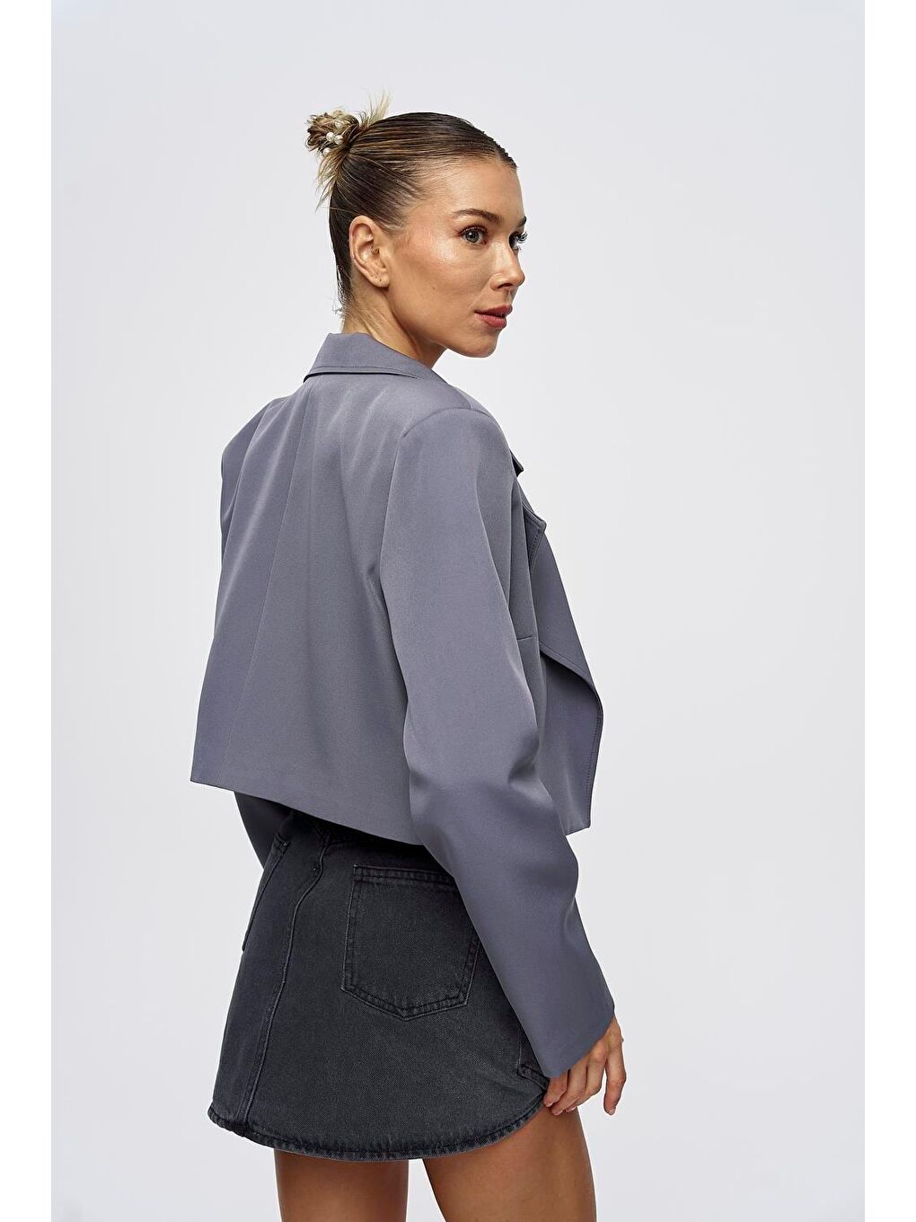 Vatkalı Blazer Crop Gri Kadın Ceket-4