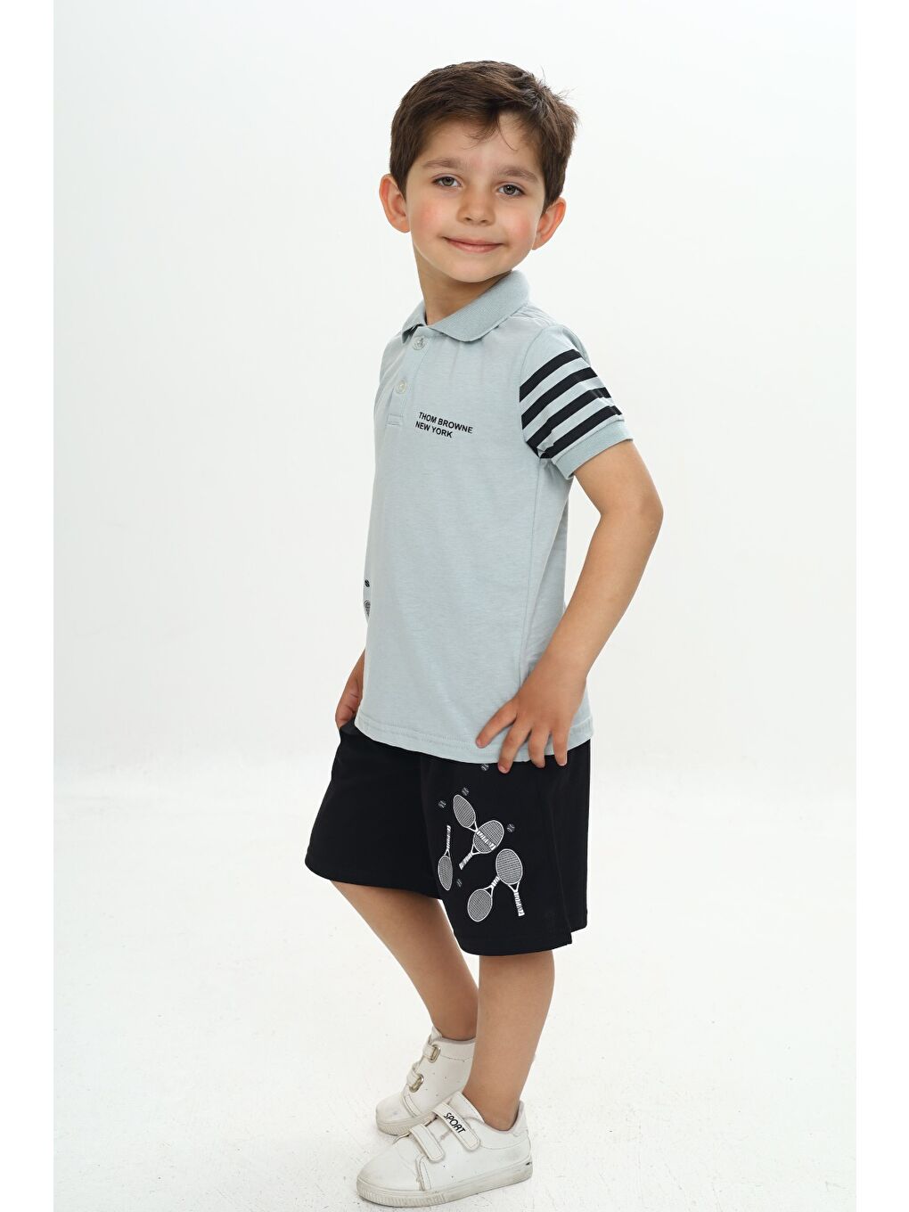 Gri Erkek Çocuk Polo Yaka Baskılı Şortlu Takım-1