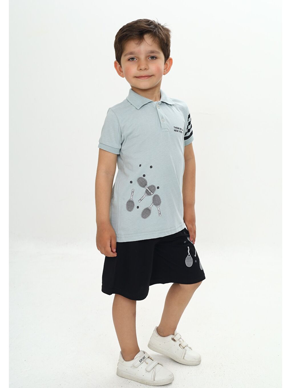 Gri Erkek Çocuk Polo Yaka Baskılı Şortlu Takım-2