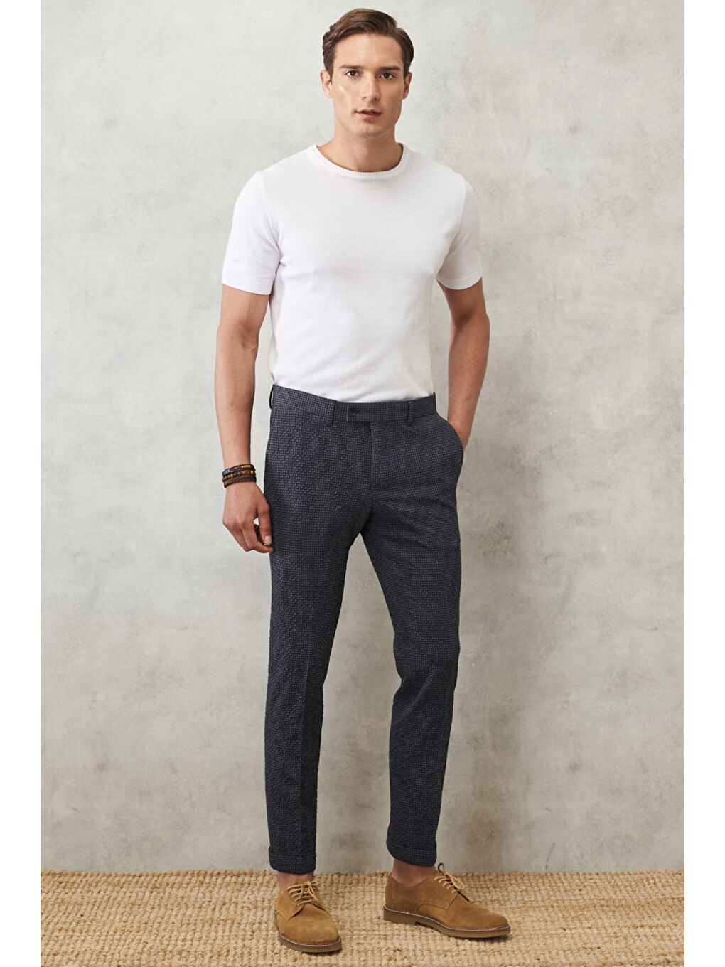 Erkek Antrasit-Lacivert Slim Fit Dar Kesim Mono Yaka Kareli Klasik Takım Elbise-6