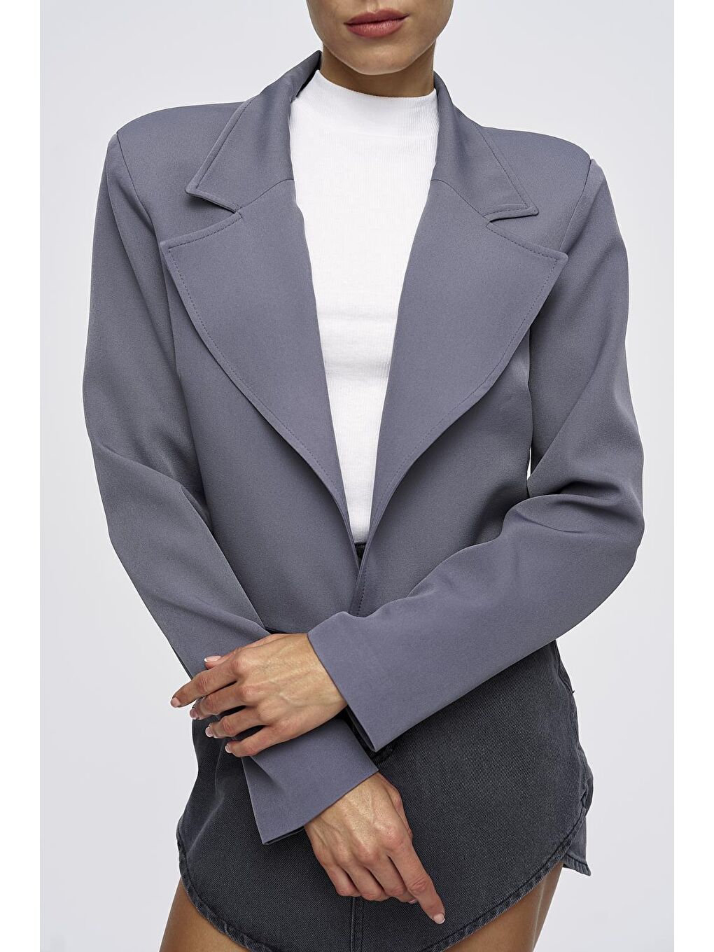 Vatkalı Blazer Crop Gri Kadın Ceket-5