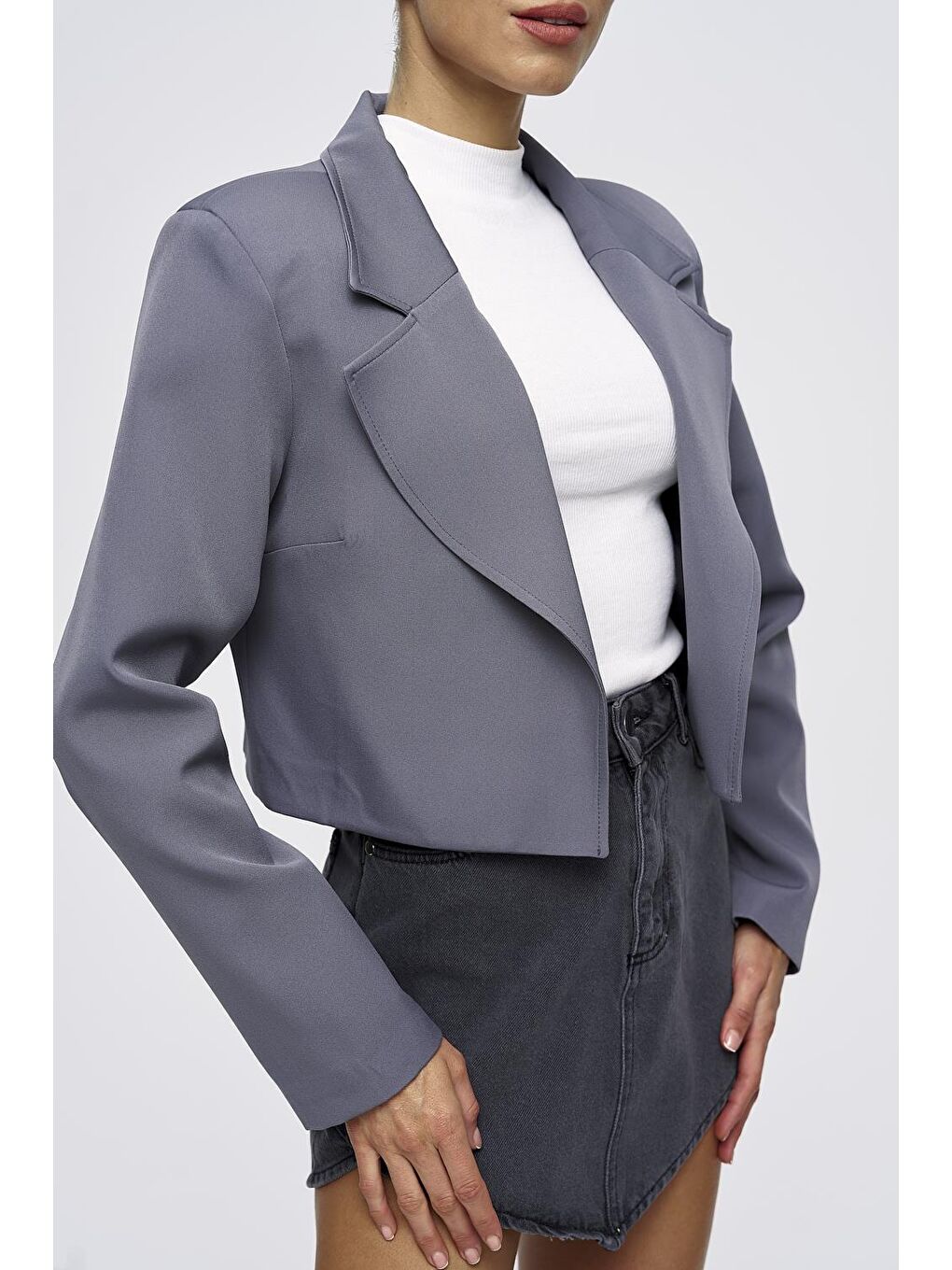 Vatkalı Blazer Crop Gri Kadın Ceket-6
