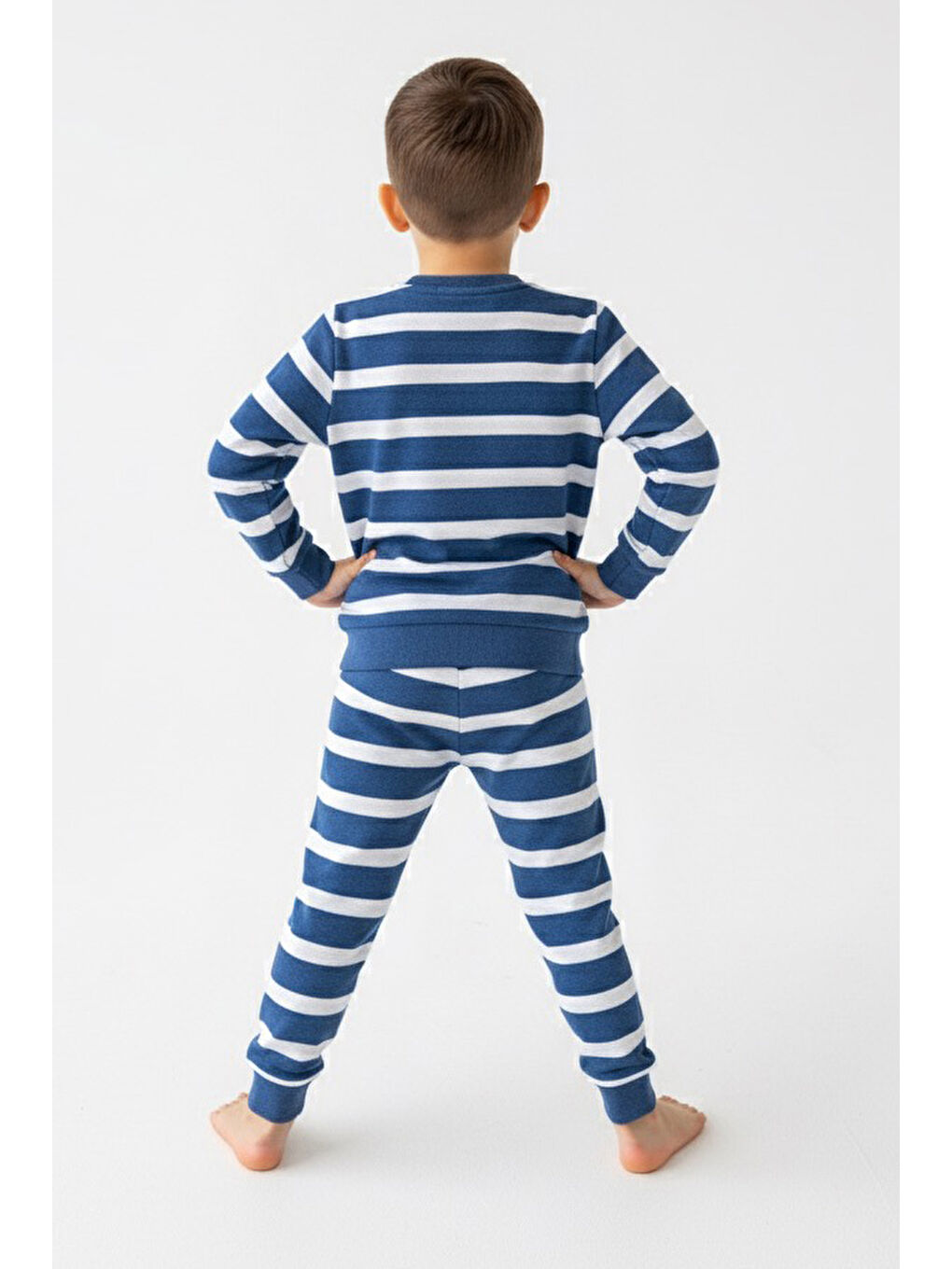 Mavi Kız Çocuk Saks Çizgili Nakışlı İki İplik İkili Takım - 27977-SAKS-1