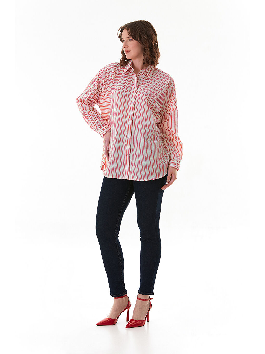 Kırmızı Çizgili Oversize Gömlek-3