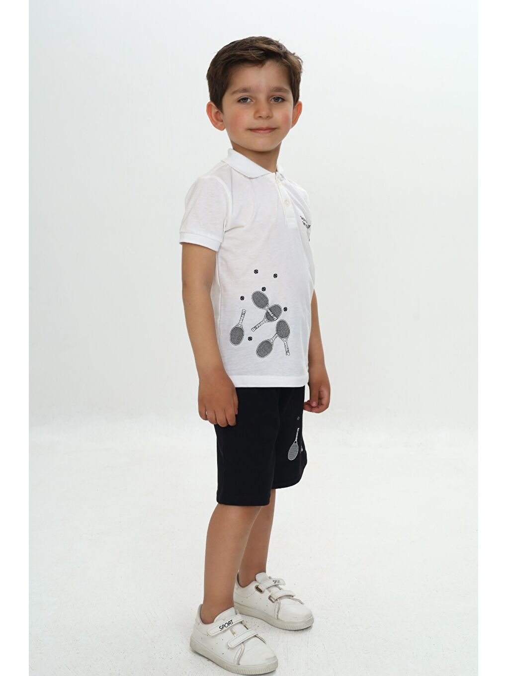 Ekru Erkek Çocuk Polo Yaka Baskılı Şortlu Takım-1