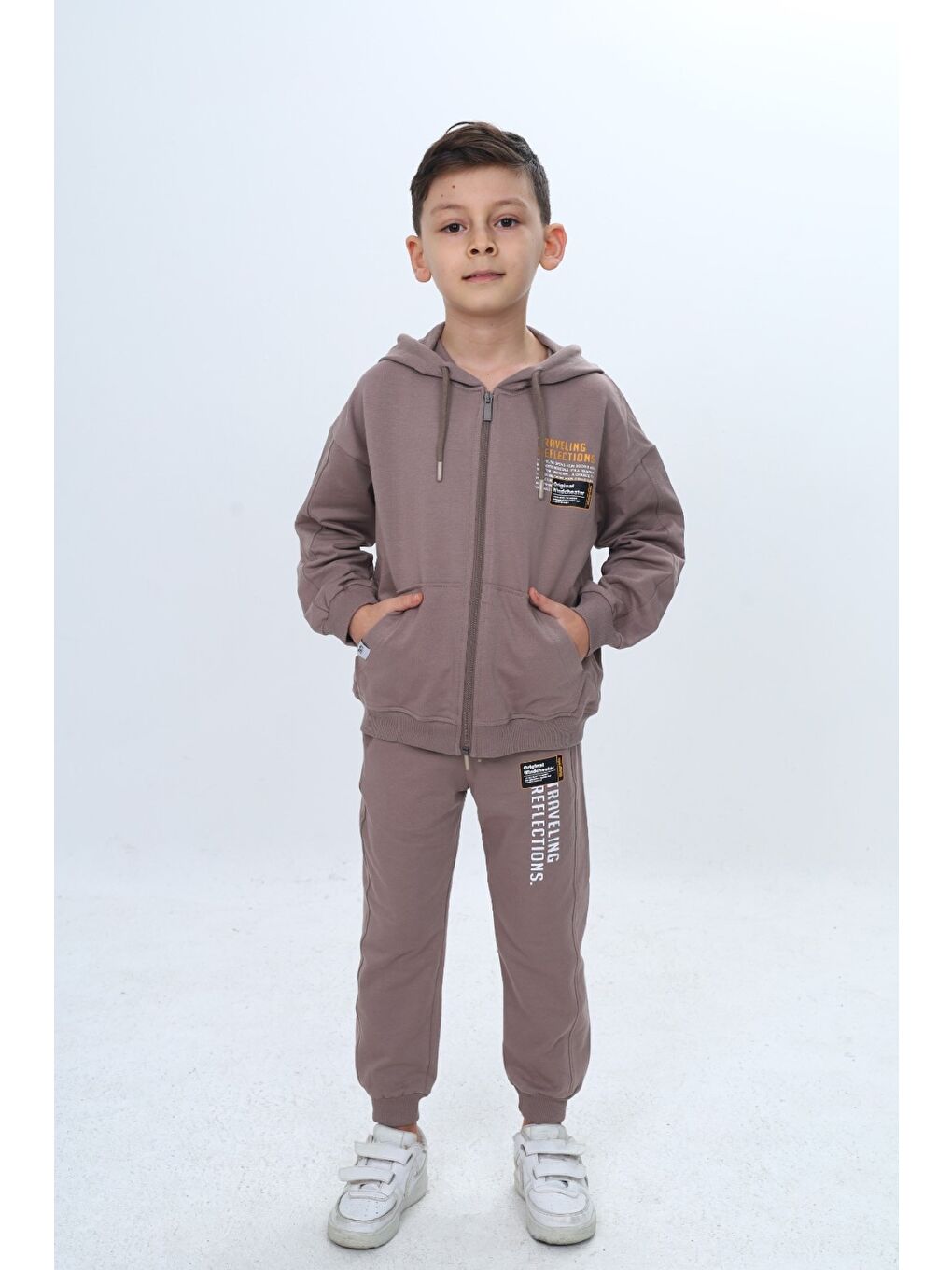 Ekru Erkek Çocuk 2'li Takım Baskılı Kapüşonlu Fermuarlı Sweatshirt & Beli Paçası Lastikli Cepli Jogger Eş