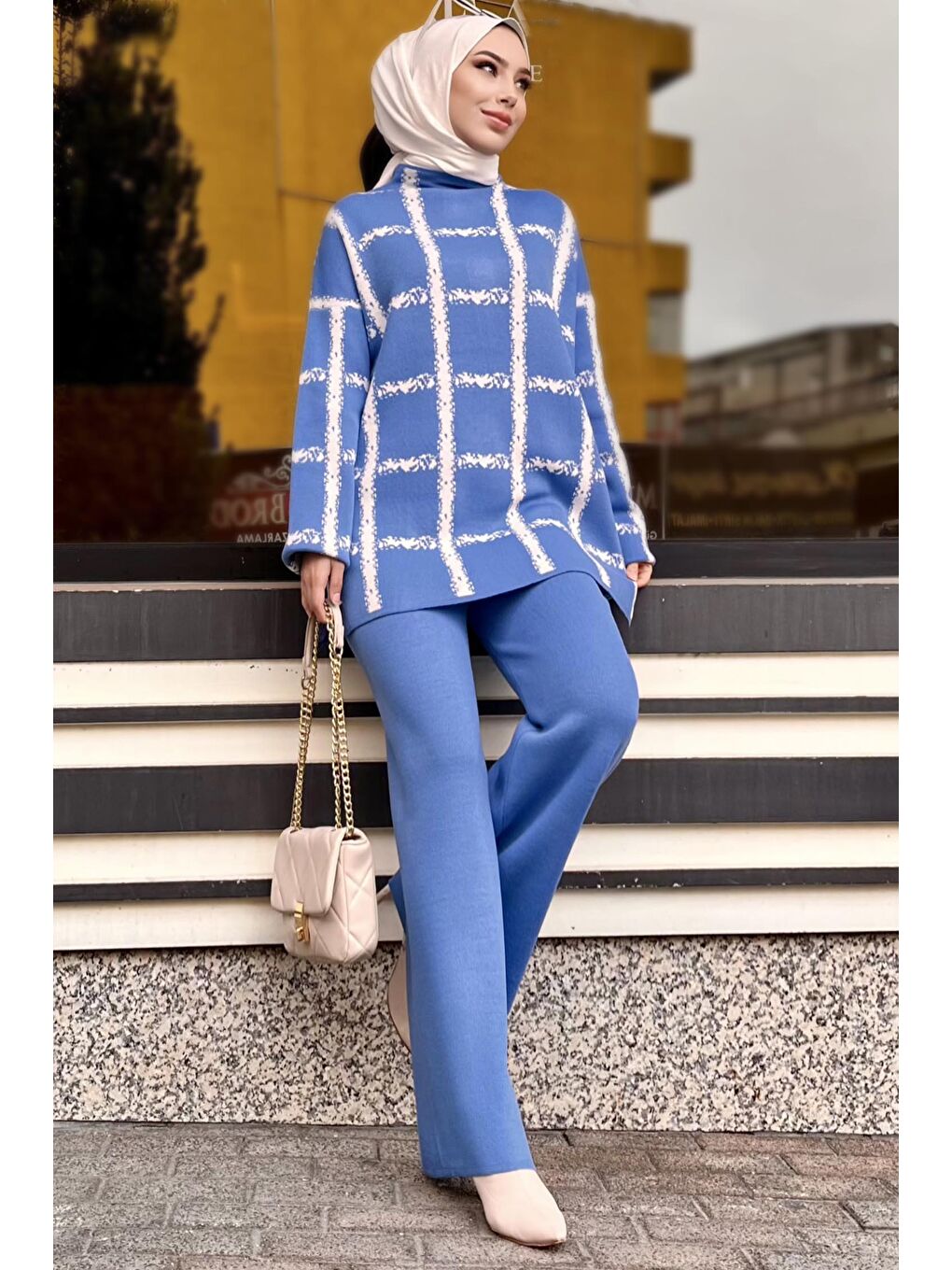 Orta Mavi Triko Tunik Kadın Pantolon - 21831-2