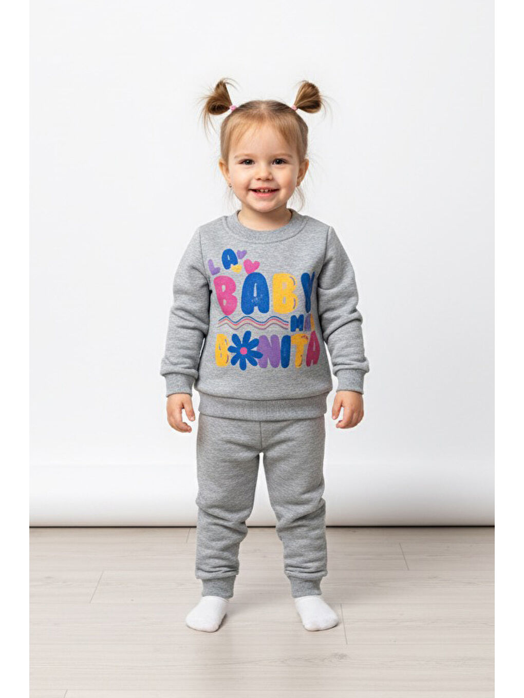Kız Çocuk Gri Baskılı Üç İplik Şardonlu Takım - 27964-GRI