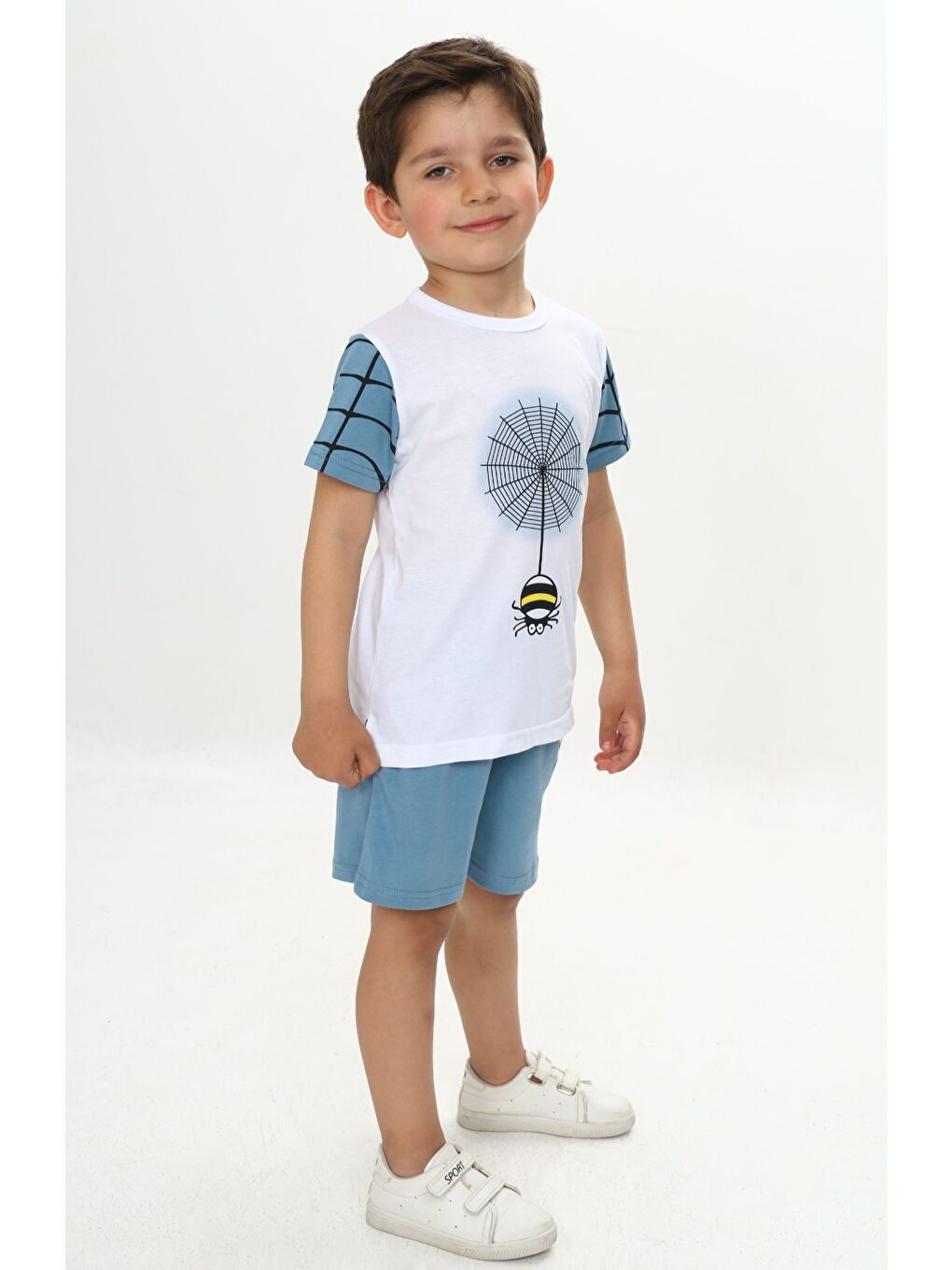 Lila Erkek Çocuk Örümcek Detay Baskılı Şortlu Takım-2